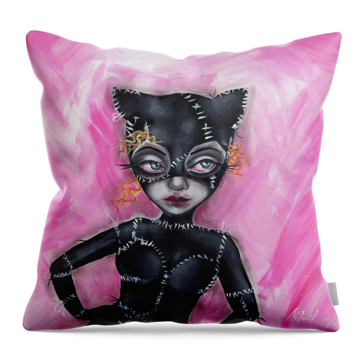 Catwoman Throw Pillow featuring the painting Cat Woman by Abril Andrade