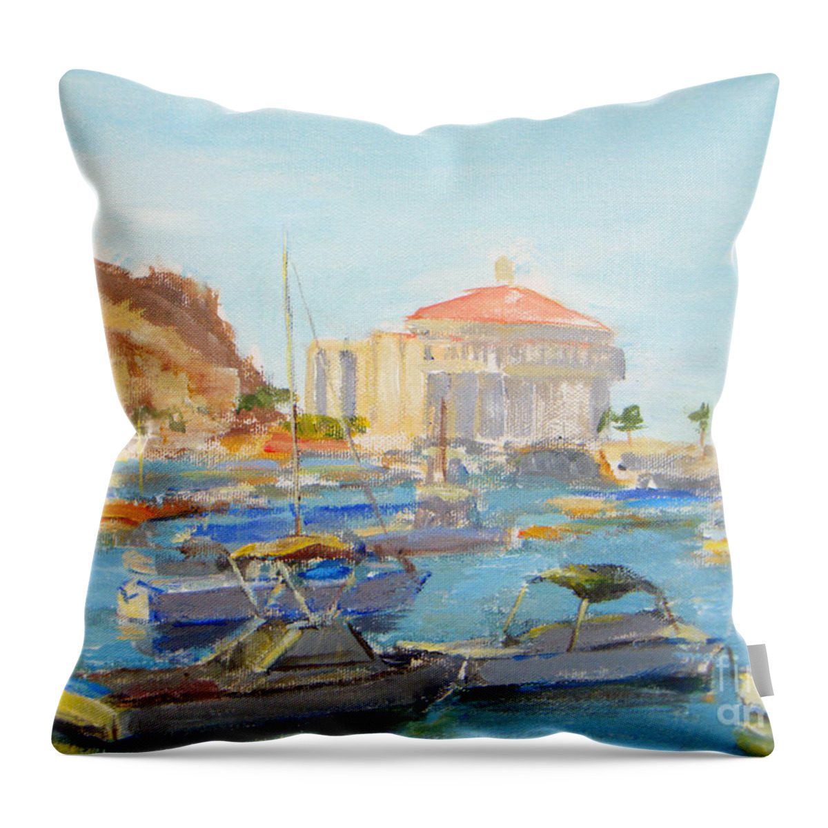 Catalina Throw Pillow featuring the painting Catalina Casino In The Light by Joan Coffey