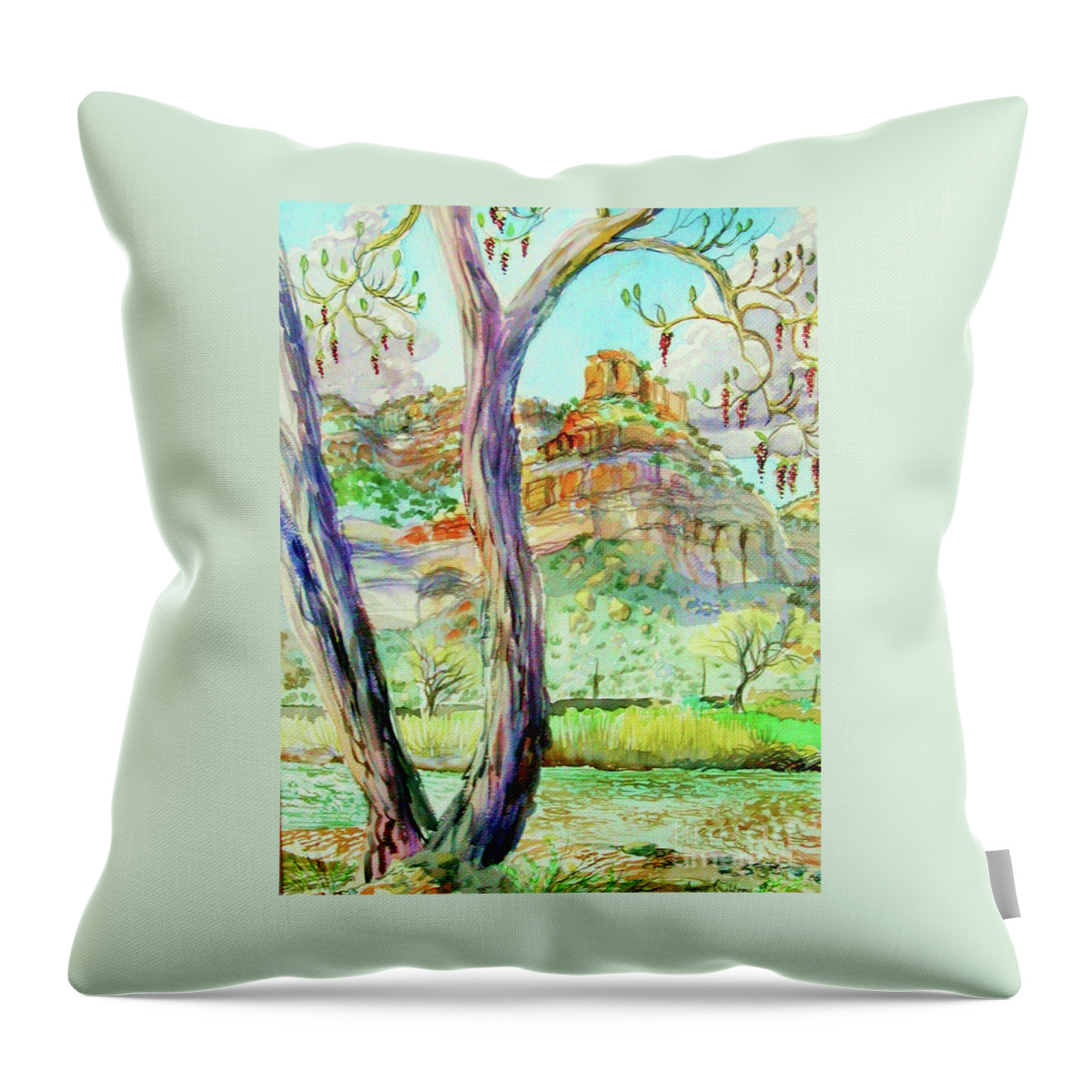 Plein Air Watercolor Of Catkins On Cottonwood Tree Close To The Colorado River Throw Pillow featuring the digital art Catkins in the spring by Annie Gibbons