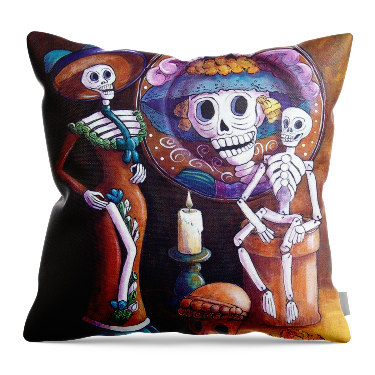 Dia De Los Muertos Throw Pillow featuring the painting Catrina Group by Candy Mayer