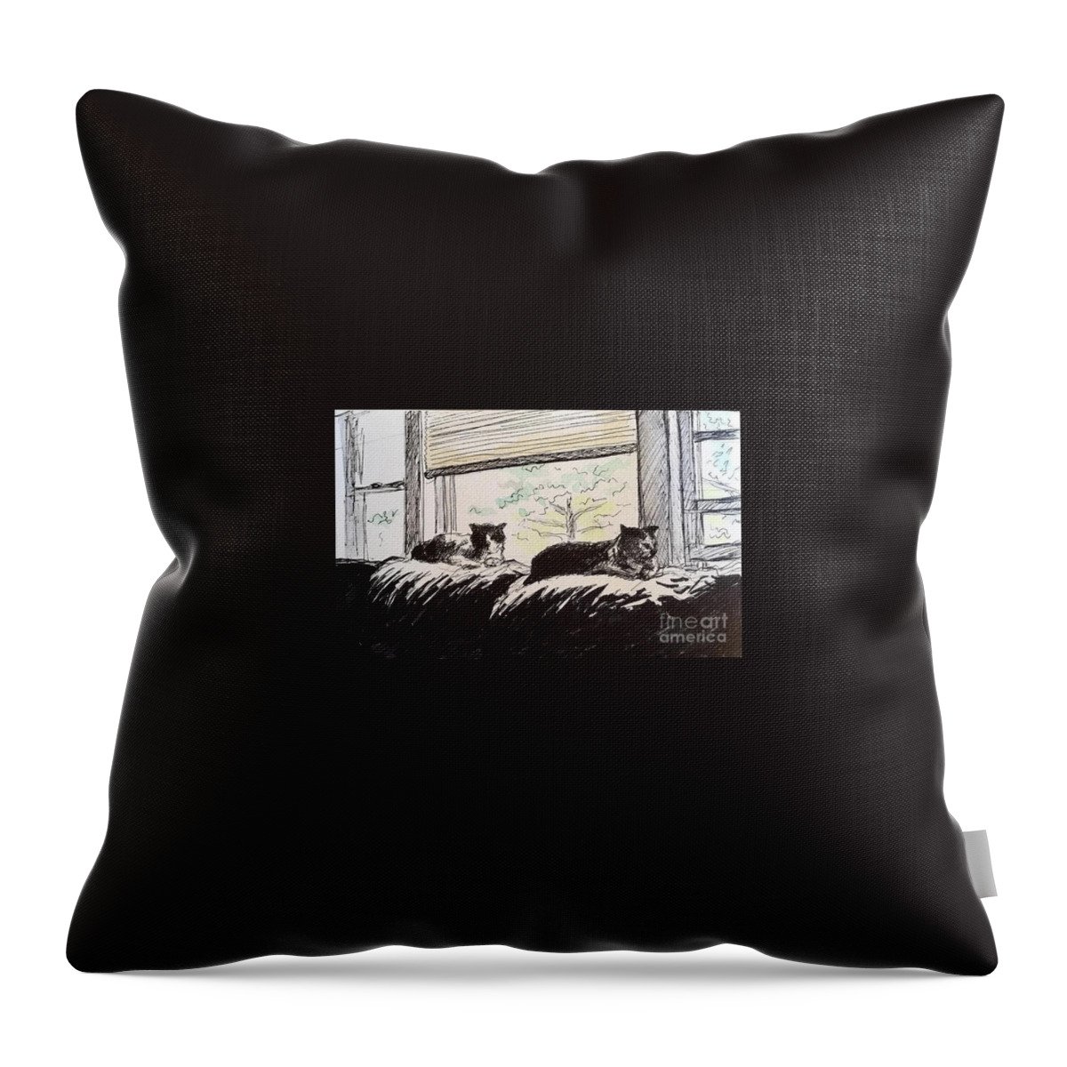 Cat Throw Pillow featuring the painting Cats by the Window - Nekozanmai by Yoshiko Mishina
