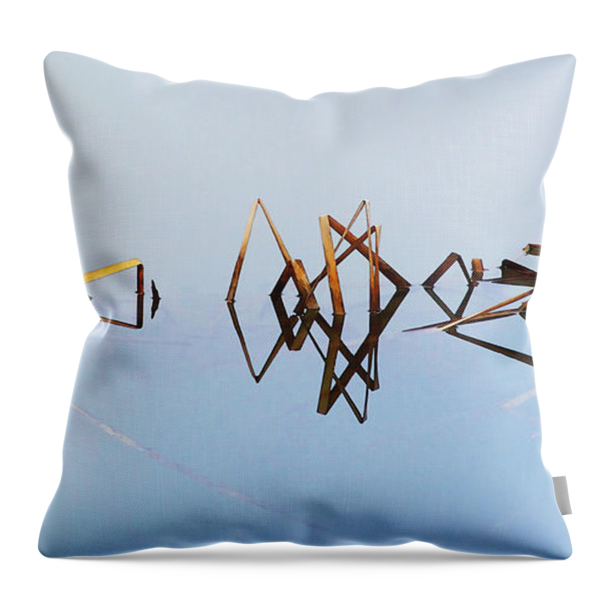 Cattails Weeds Water Reflections Pond Lake Fog Abstract Throw Pillow featuring the photograph Cattail Reflections by Frances Miller