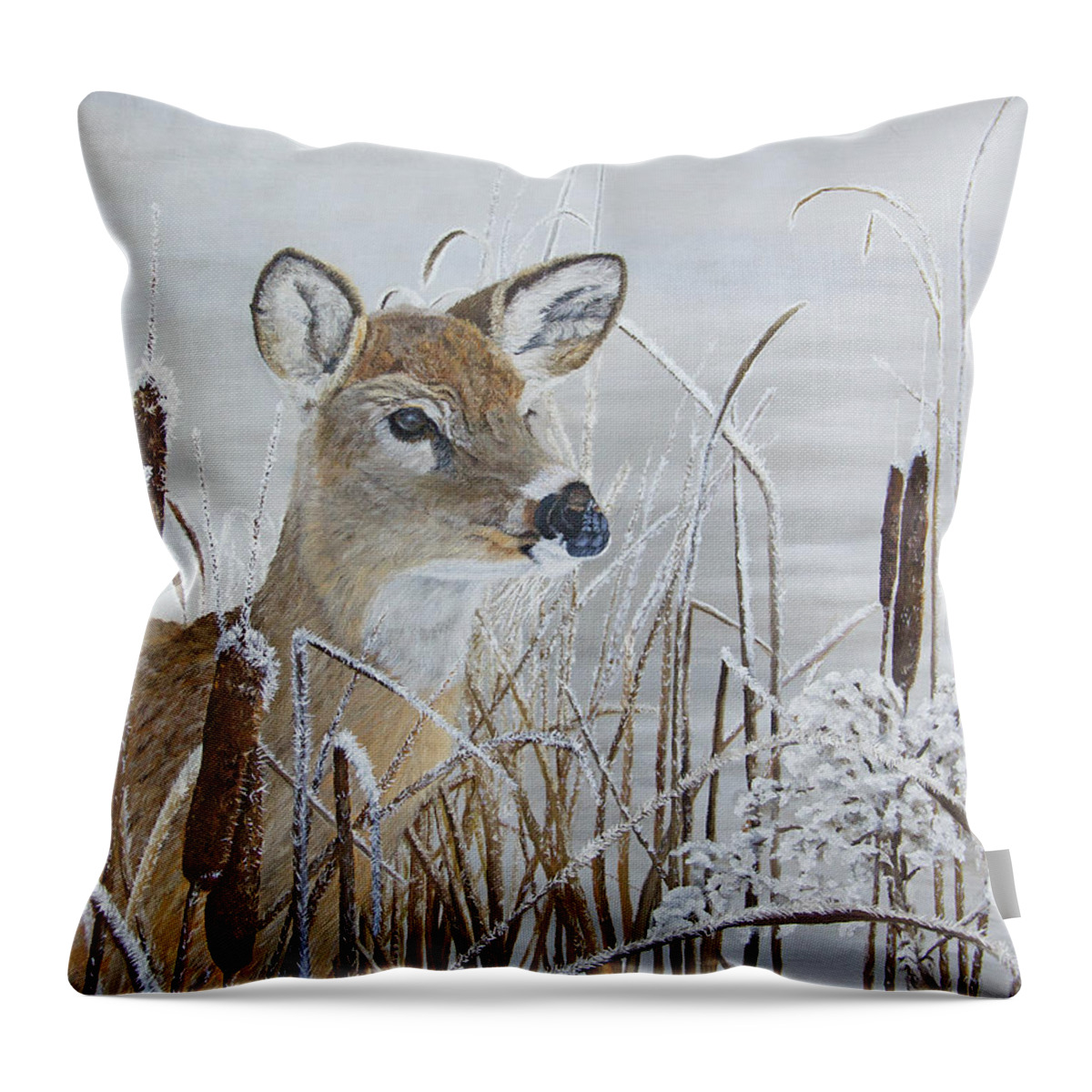 Whitetail Deer Throw Pillow featuring the painting Caught Her Attention - Whitetail Doe by Johanna Lerwick