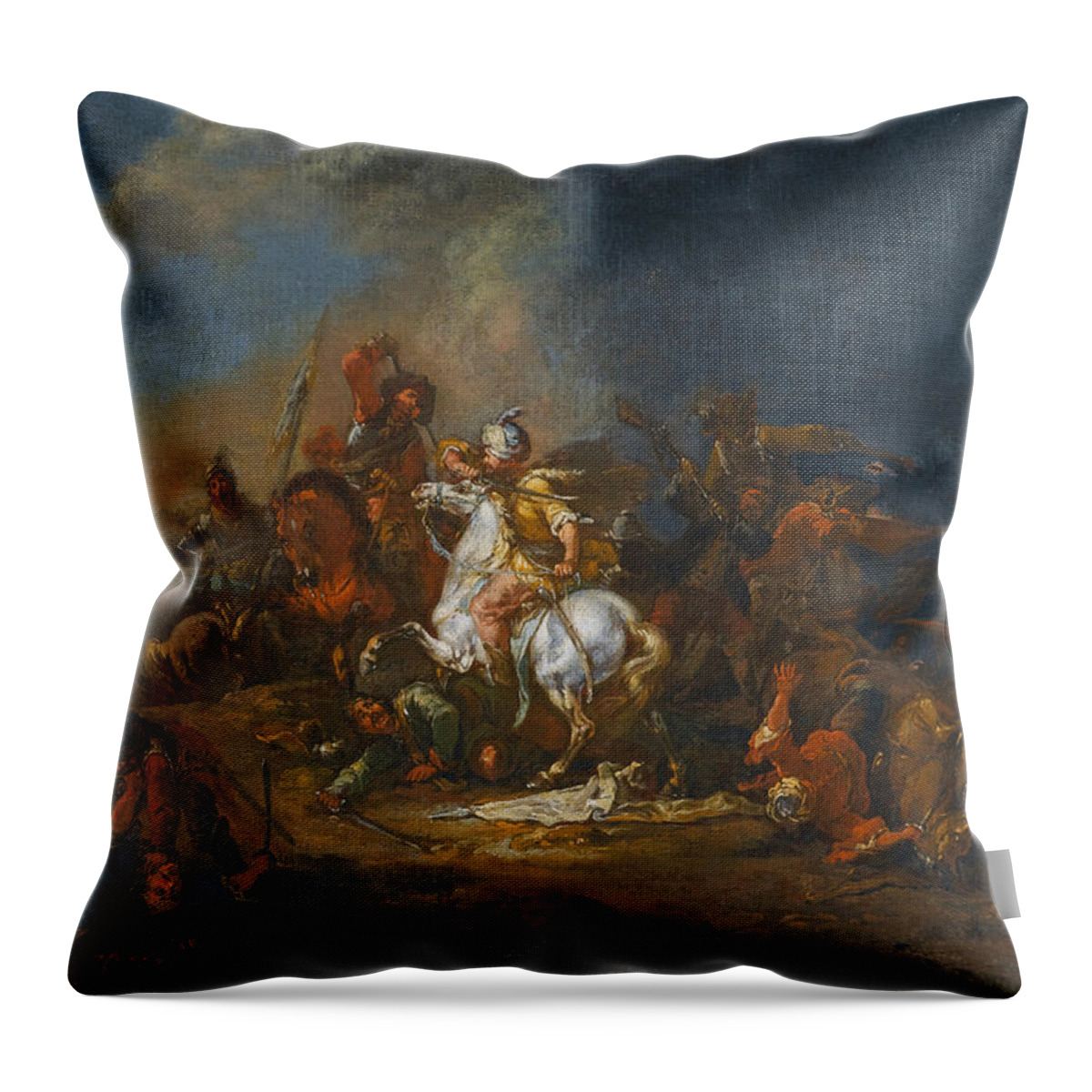 August Querfurt Throw Pillow featuring the painting Cavalry skirmishes between Turks and Christians 1 by August Querfurt
