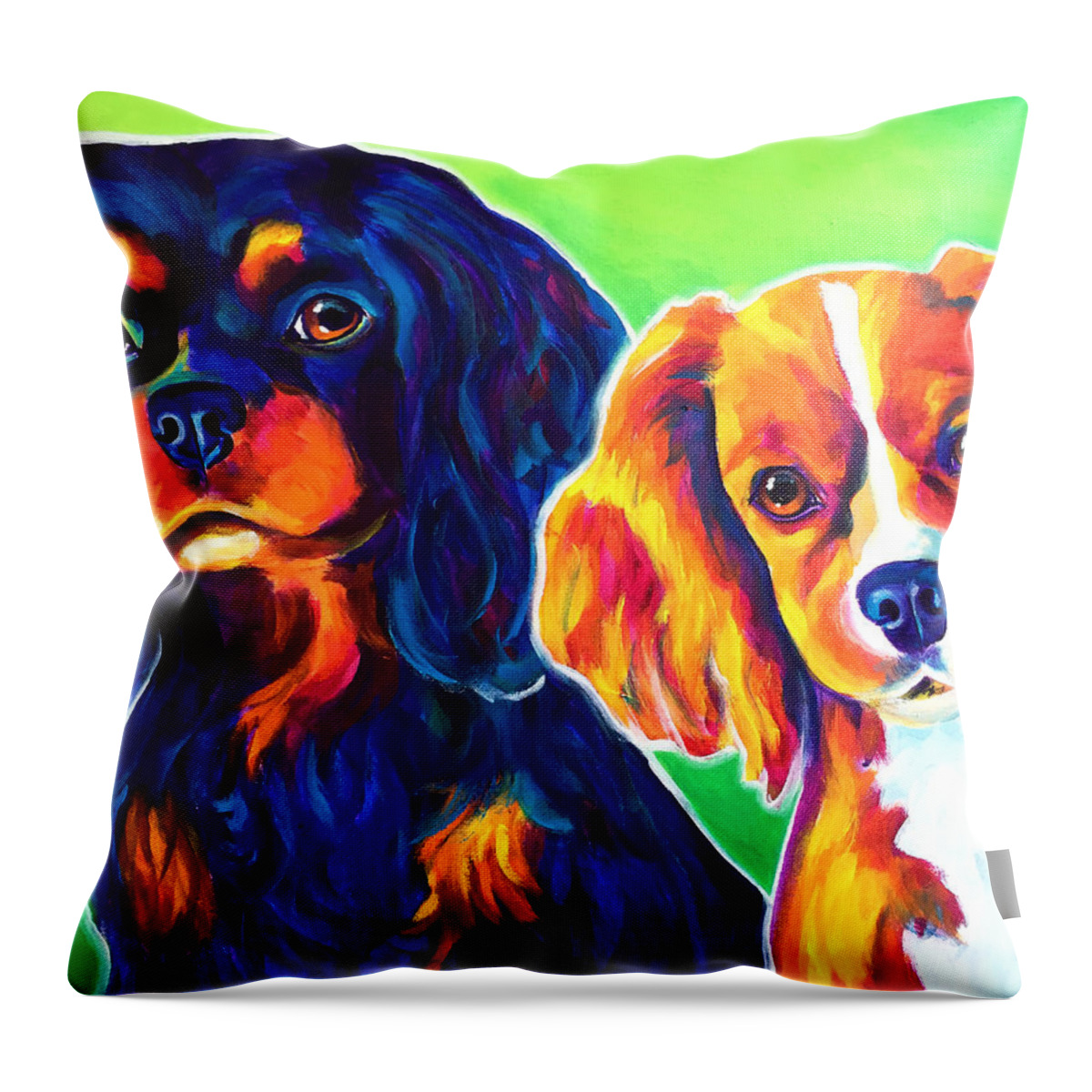 Cavalier King Charles Spaniel Throw Pillow featuring the painting Cavelier King Charles Spaniels - Saffy and Duck by Dawg Painter
