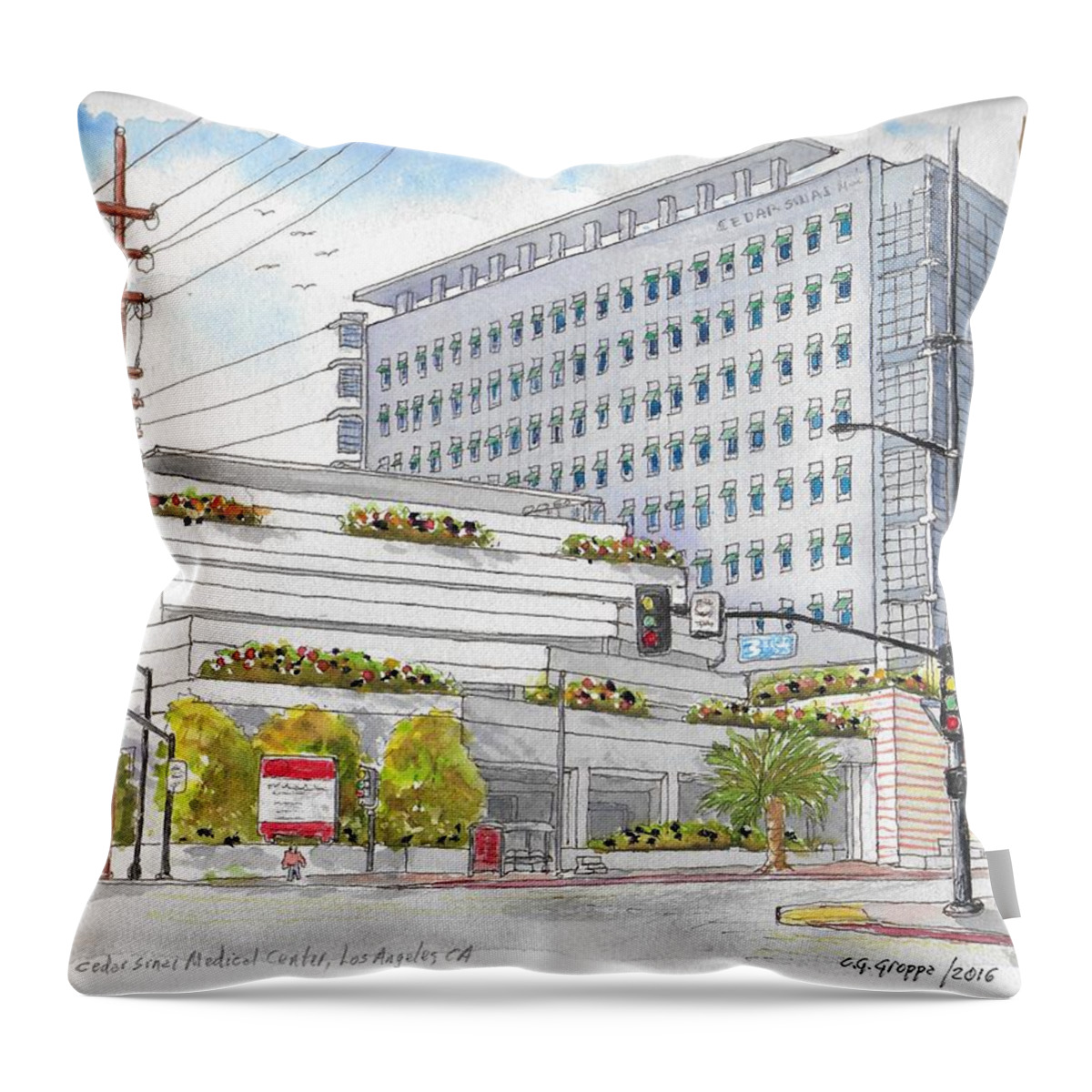 Nature Throw Pillow featuring the painting Cedars-Sinai Medical Center, 3rd and San Vicente, West Hollywood, CA by Carlos G Groppa