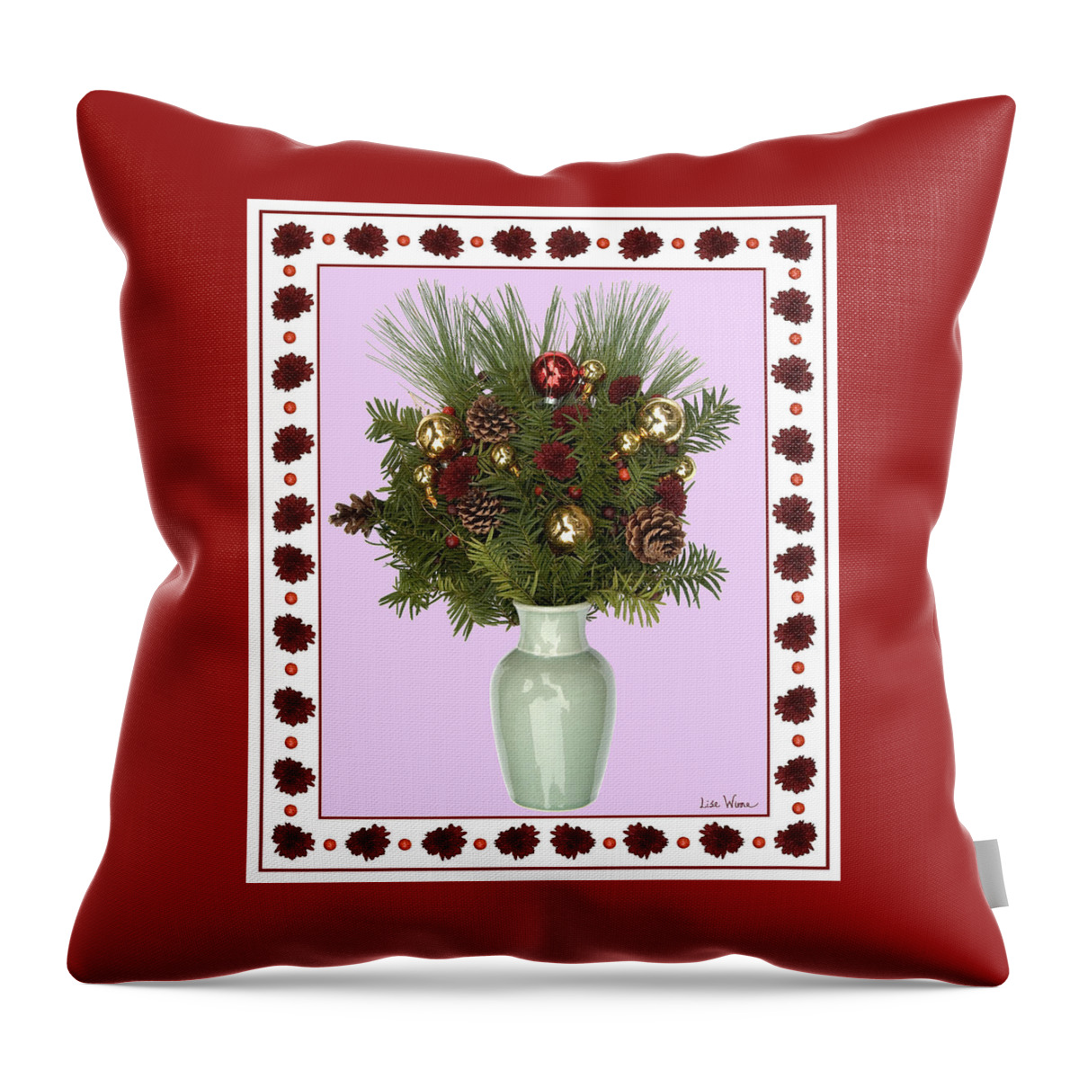 Lise Winne Throw Pillow featuring the digital art Celadon Vase with Christmas Bouquet by Lise Winne