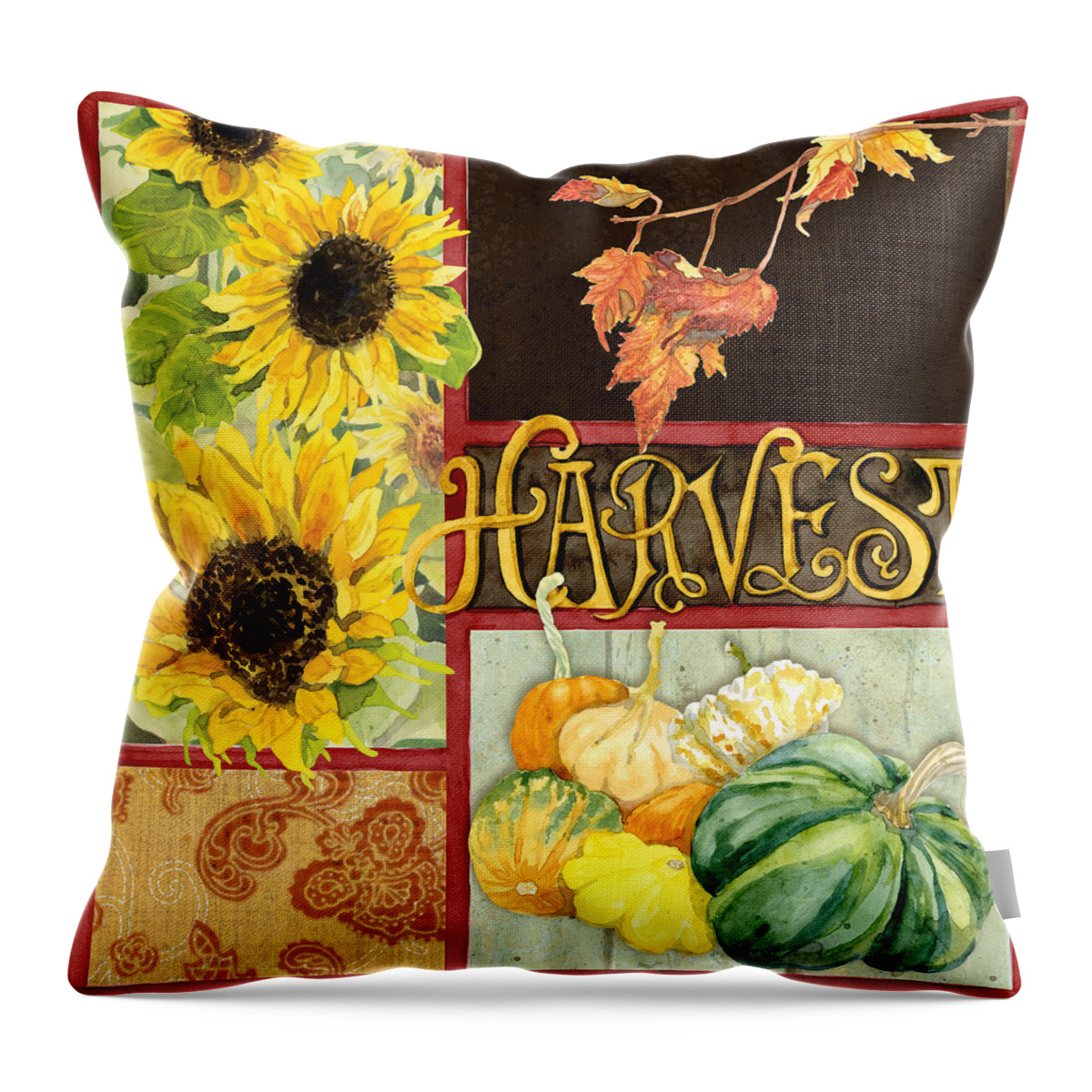 Leaf Throw Pillow featuring the painting Celebrate Abundance - Harvest Fall Leaves Squash n Sunflowers w Paisleys by Audrey Jeanne Roberts