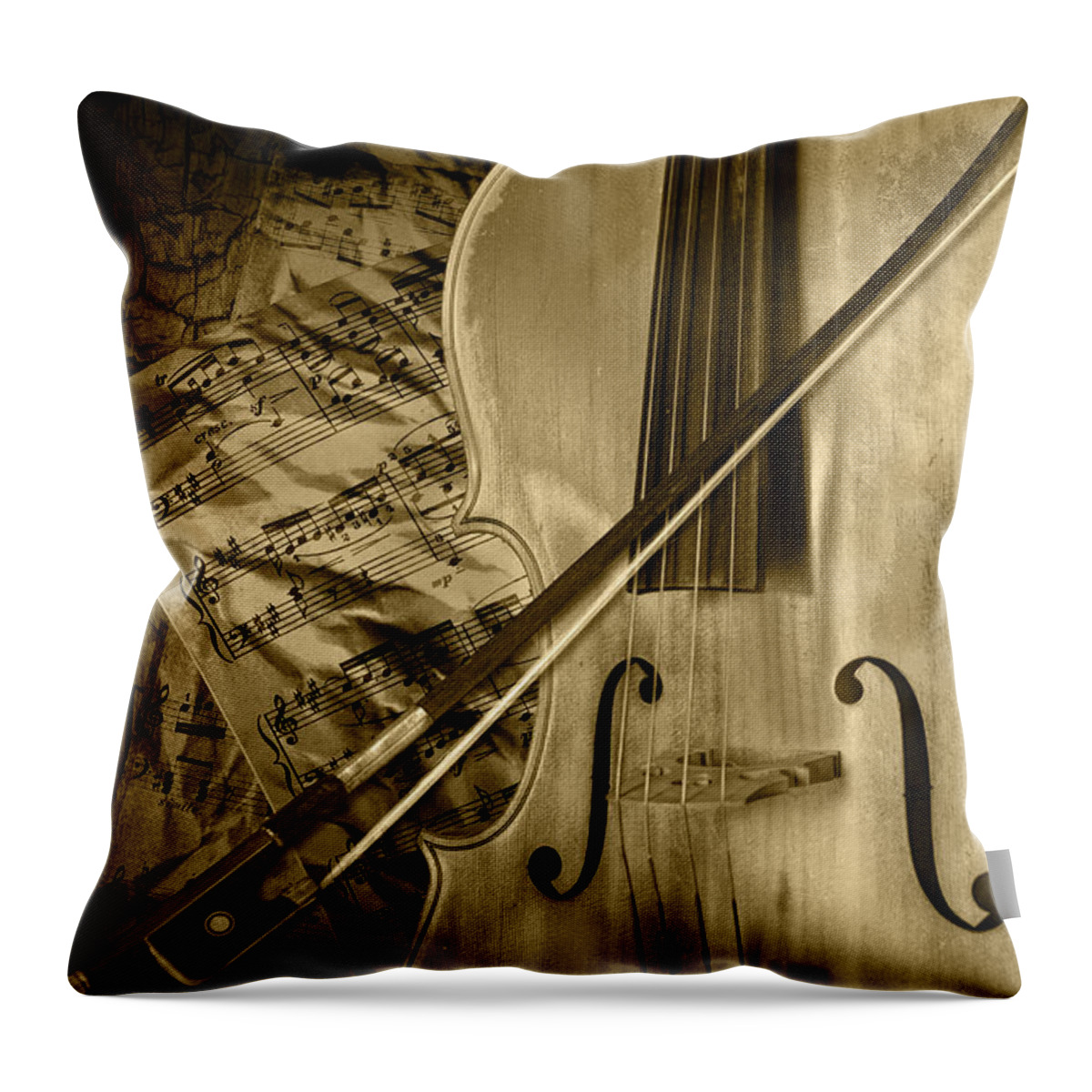 Cello Throw Pillow featuring the photograph Cello Stringed Instrument with Sheet Music and Bow in Sepia by Randall Nyhof