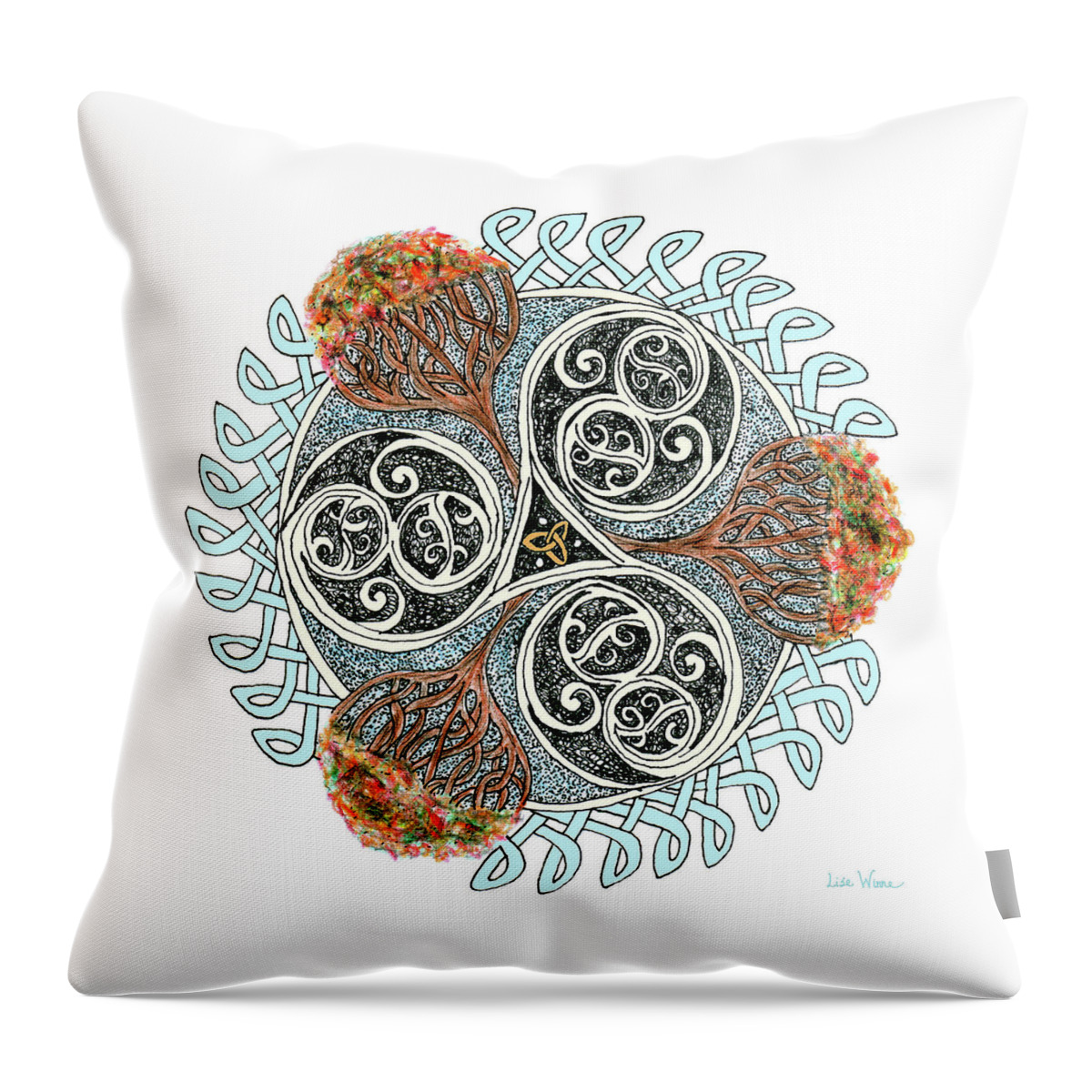 Lise Winne Throw Pillow featuring the drawing Celtic Knot with Autumn Trees by Lise Winne