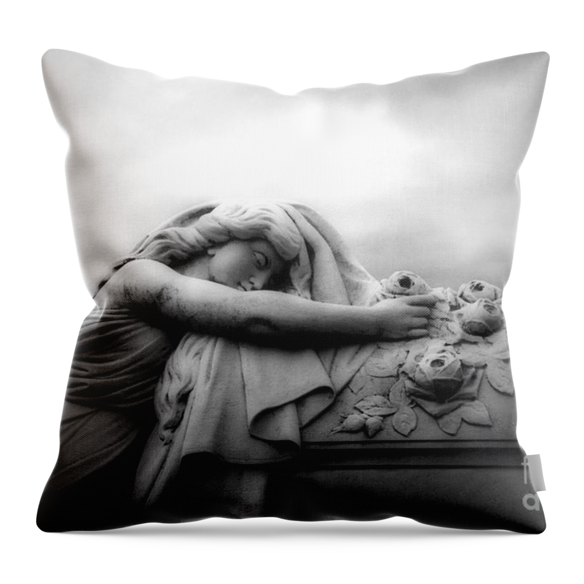 Grave Throw Pillow featuring the photograph Cemetery Grave Mourner Black White Surreal Coffin Grave Art - Angel Mourner Across Rose Coffin by Kathy Fornal