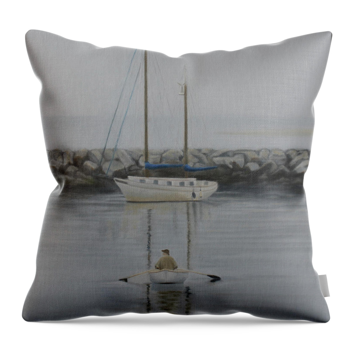 Fishing Boat; Fisherman; Harbor; Cape Cod; Stone Wall; Serenity; Contemplation; Water Throw Pillow featuring the painting Centering Prayer by Marg Wolf