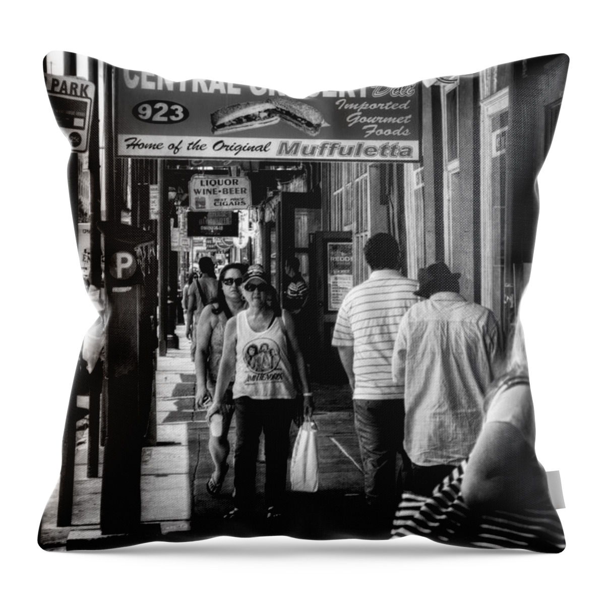 Central Grocery And Deli Throw Pillow featuring the photograph Central Grocery Muffuletta in Black and White by Greg and Chrystal Mimbs