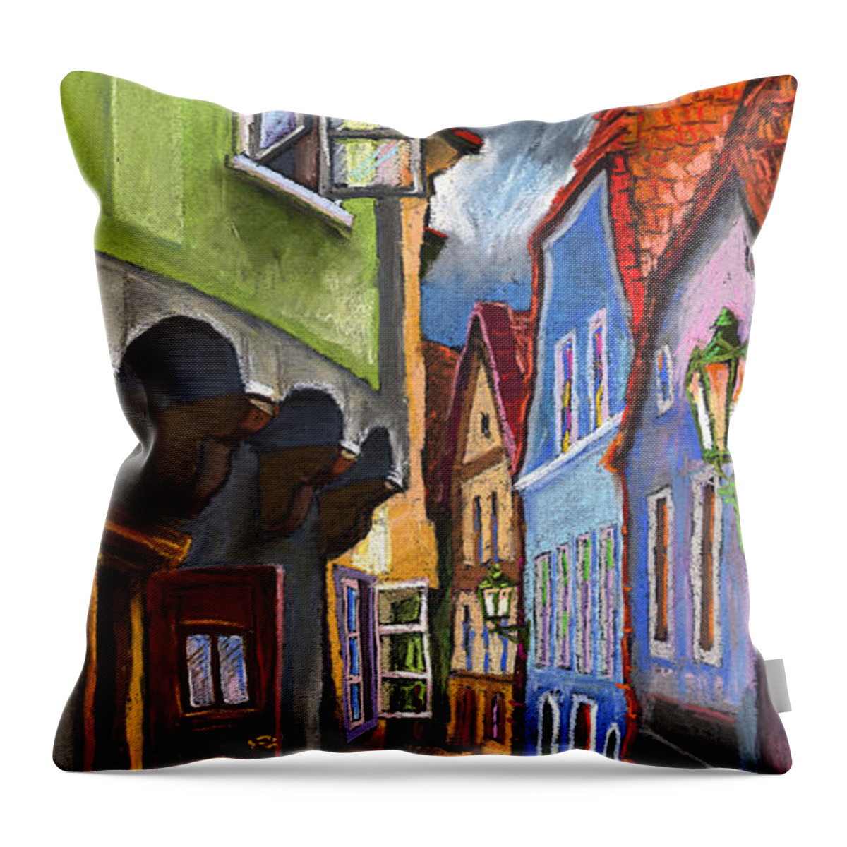 Pastel Throw Pillow featuring the painting Cesky Krumlov Old Street 1 by Yuriy Shevchuk
