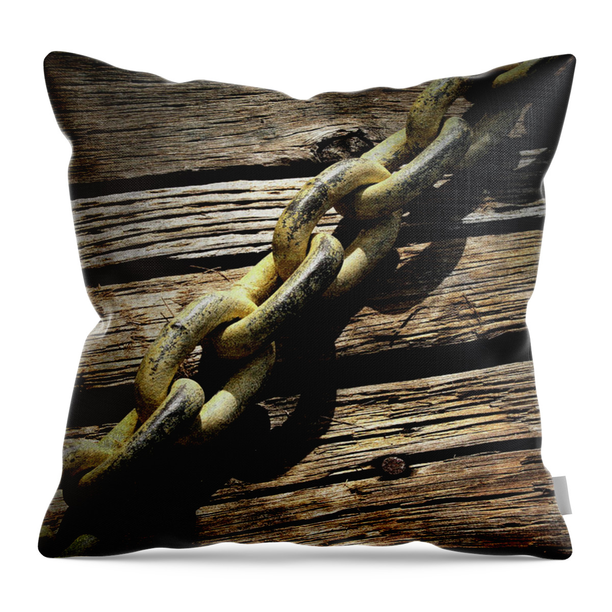 Chain And Wood Throw Pillow featuring the photograph Chained texture - 365-62 by Inge Riis McDonald