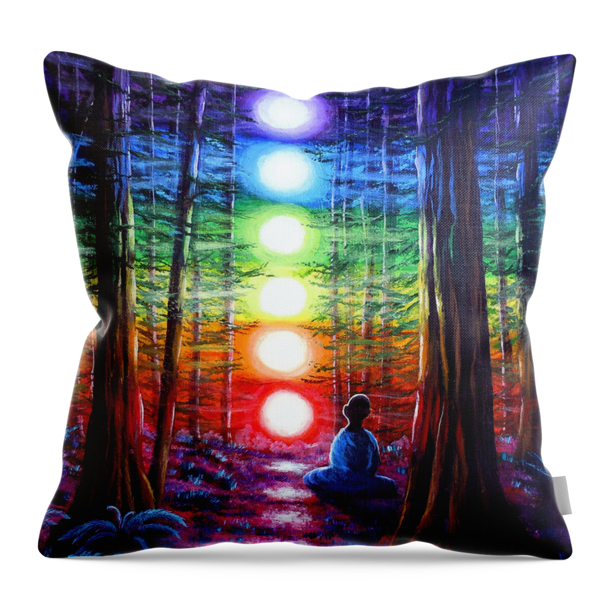 Zen Throw Pillow featuring the painting Chakra Meditation in the Redwoods by Laura Iverson