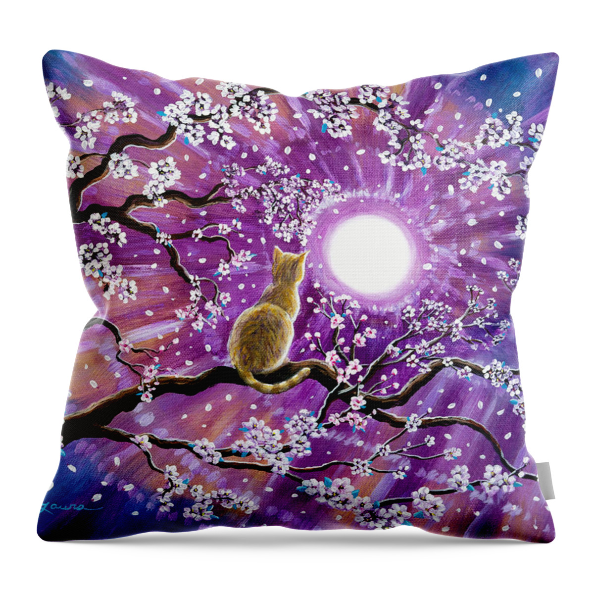 Orange Throw Pillow featuring the painting Champagne Tabby Cat in Cherry Blossoms by Laura Iverson