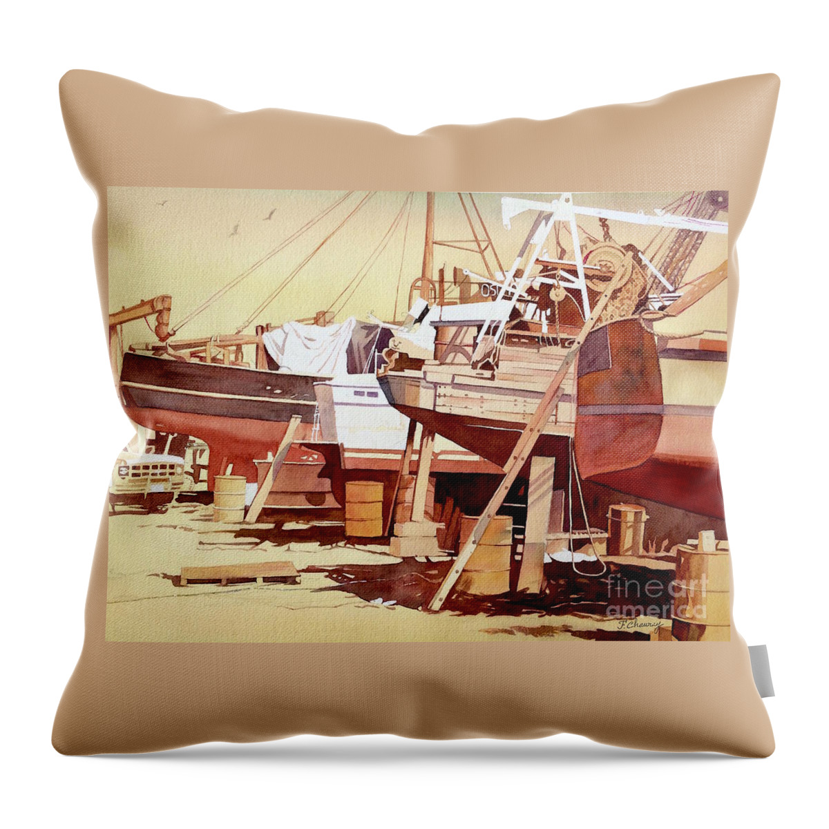 Boat Throw Pillow featuring the painting Chantier Naval by Francoise Chauray