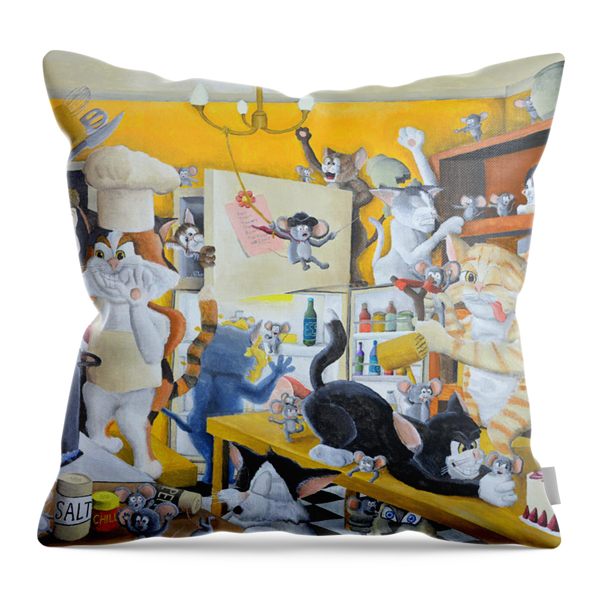 Chaos In The Kitchen Throw Pillow featuring the painting Chaos in the Kitchen by Winton Bochanowicz