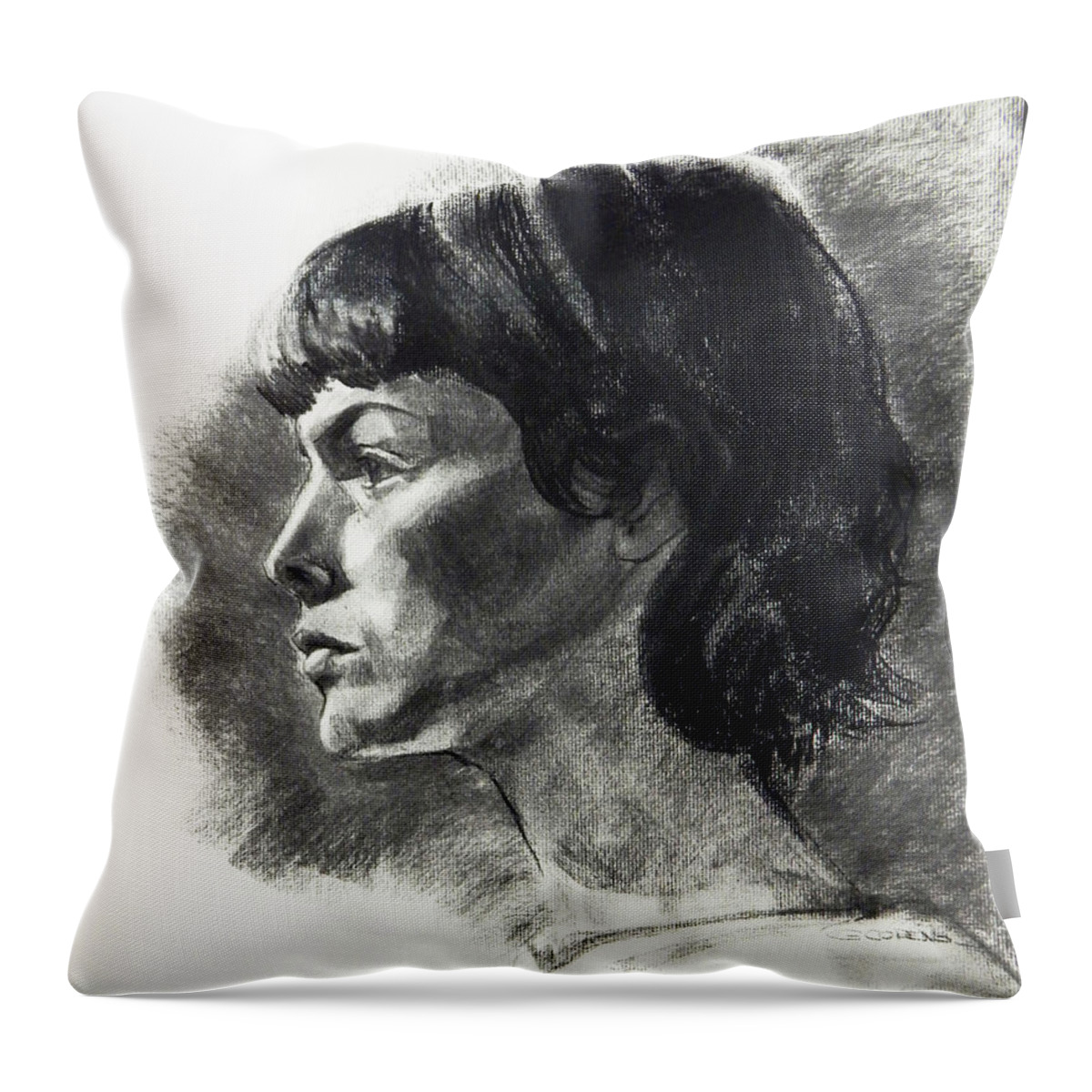 Greta Corens Throw Pillow featuring the drawing Charcoal Portrait of a Pensive Young Woman in Profile by Greta Corens