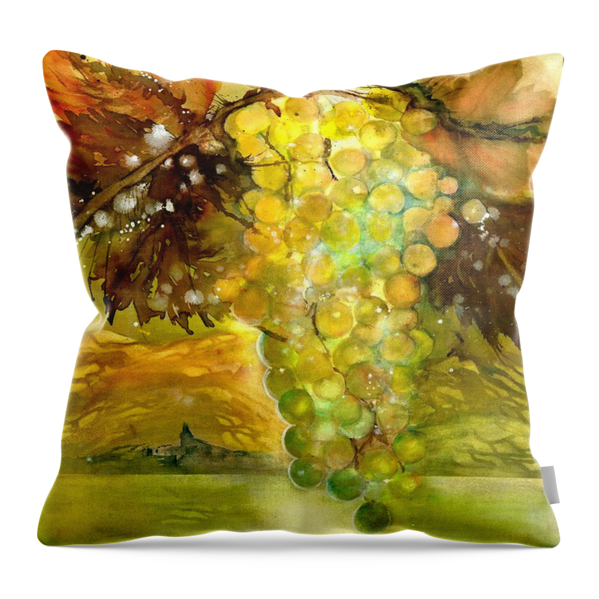 Wine Cellar Painting Throw Pillow featuring the painting Chardonnay Grapes in sunlight by Sabina Von Arx