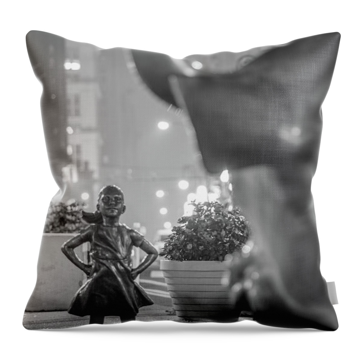 B&w Throw Pillow featuring the photograph Charging Bull and Fearless Girl NYC by John McGraw