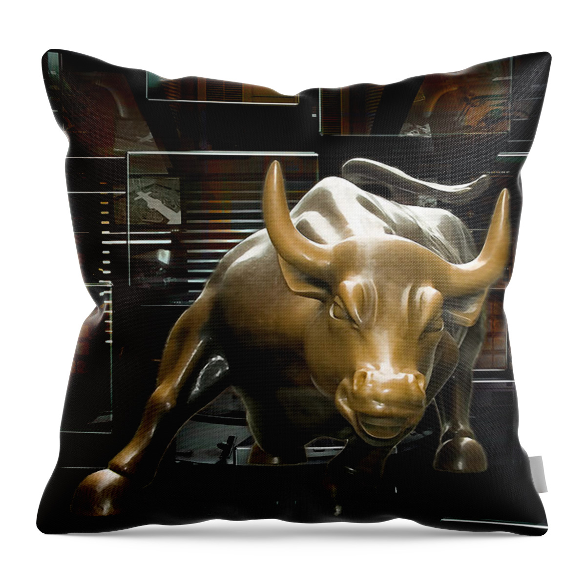 Wall Street Bull Throw Pillow featuring the mixed media Charging Bull by Marvin Blaine
