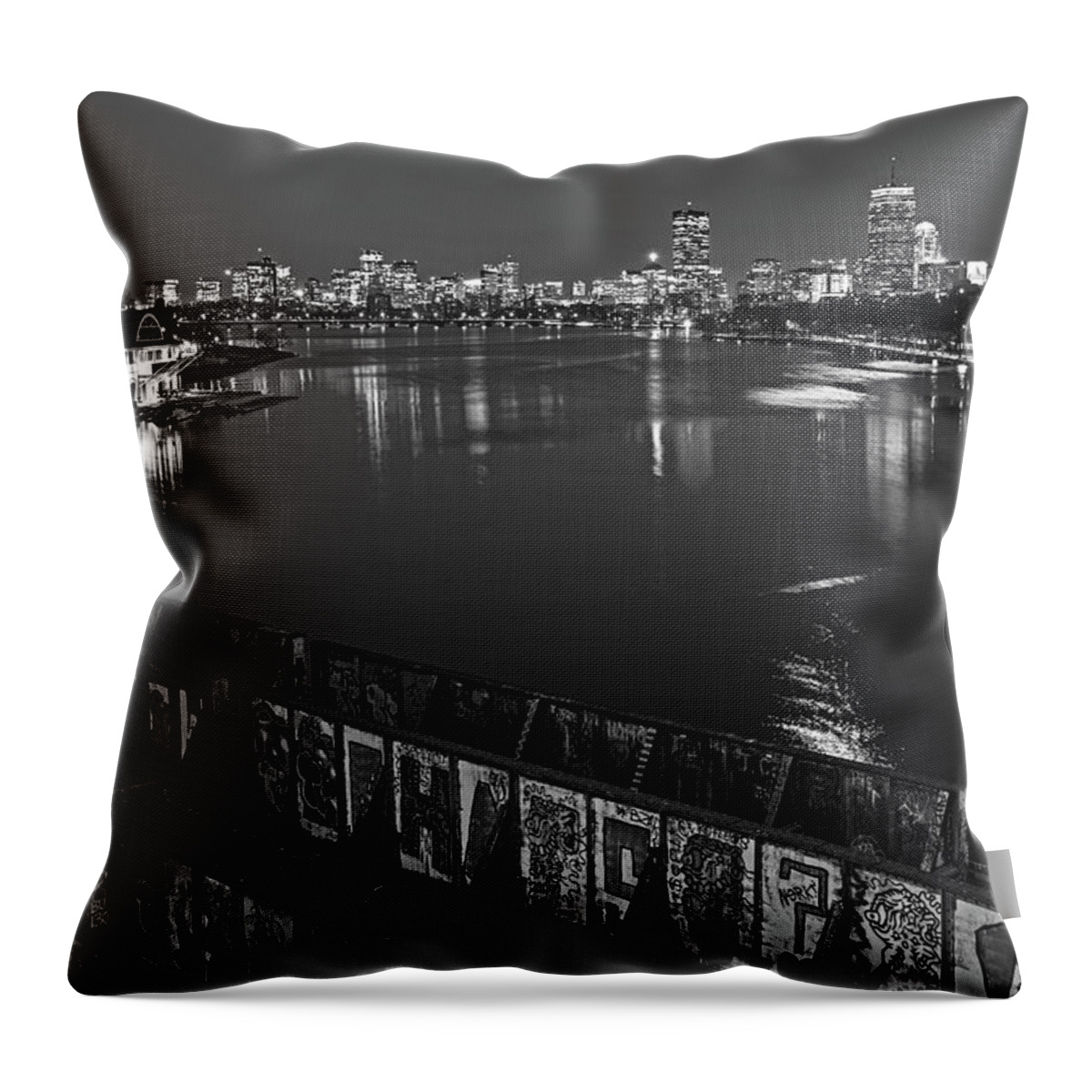Boston Throw Pillow featuring the photograph Charles River at Dusk Dewolfe Boathouse Boston Skyline Black and White by Toby McGuire