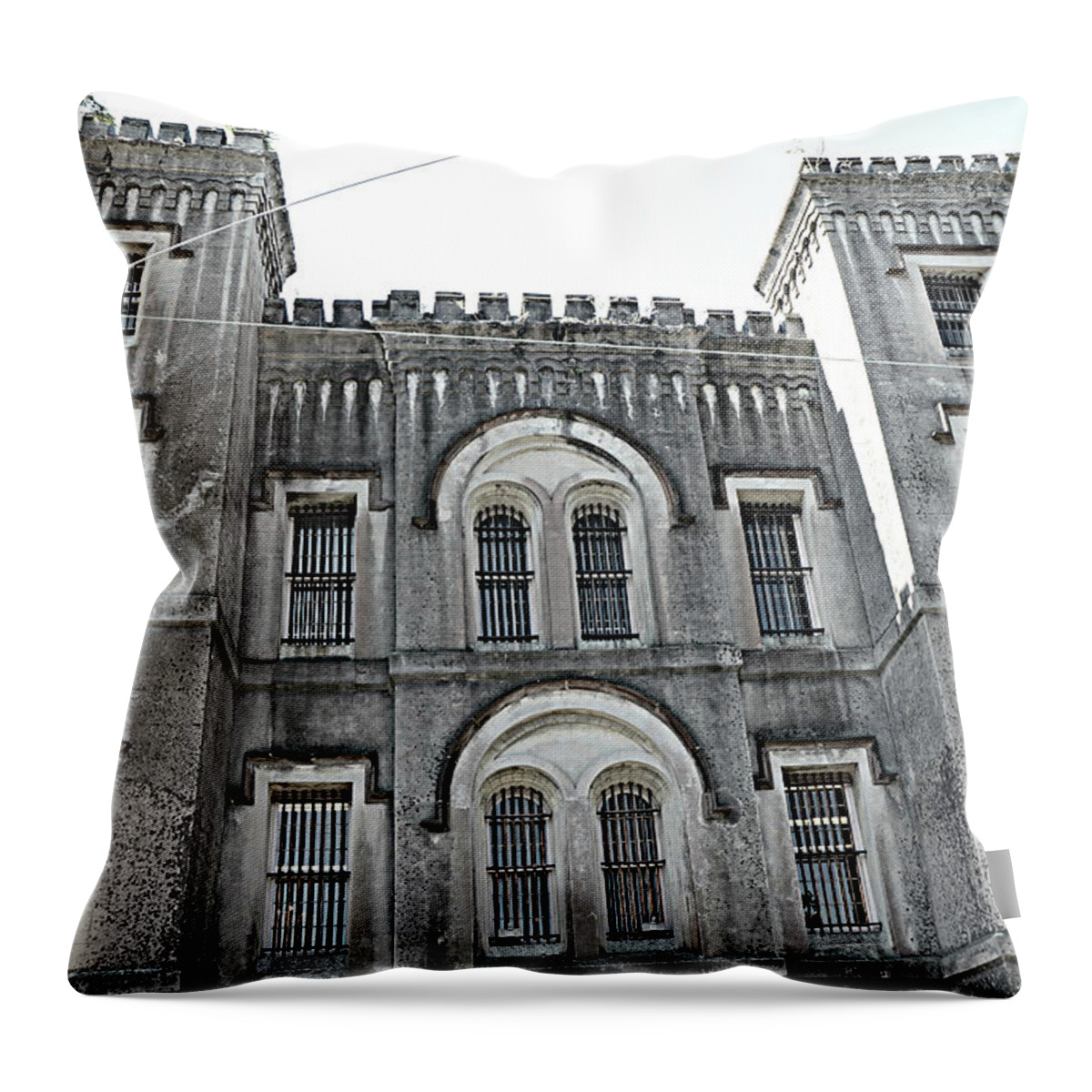 Charleston Historical Monuments Throw Pillow featuring the photograph Charleston Historical Haunted Old Jail House - Charleston Old Jail Civil War Architecture by Kathy Fornal