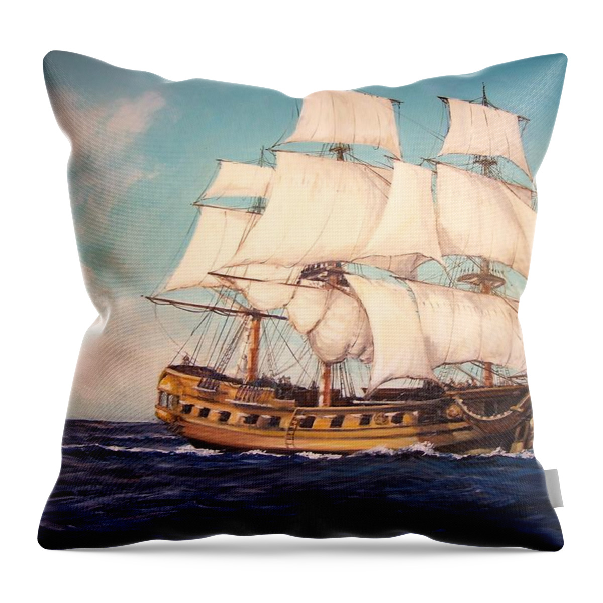 British Frigate 18th Century Throw Pillow featuring the painting Chasing the Wind by Perry's Fine Art