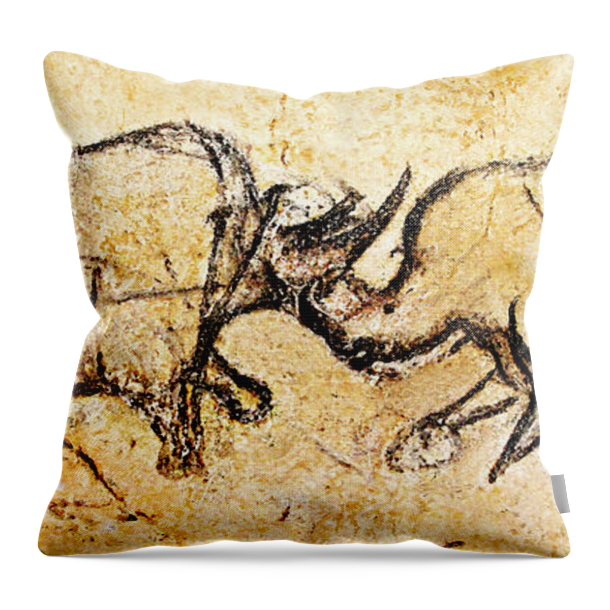 Chauvet Throw Pillow featuring the painting Chauvet Rhinoceros in Combat by Weston Westmoreland