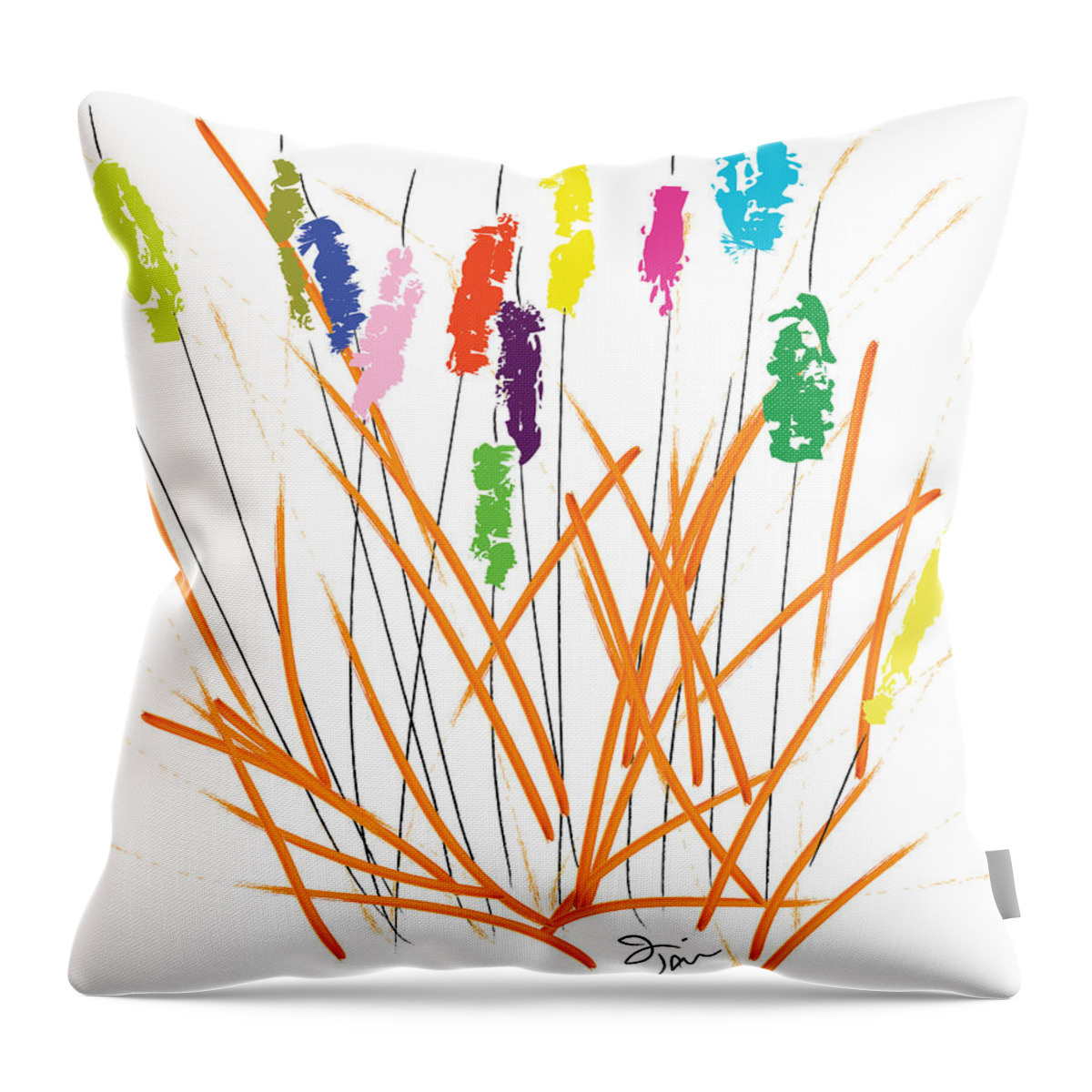 Flower Throw Pillow featuring the painting Cheerful Cattails by Oiyee At Oystudio