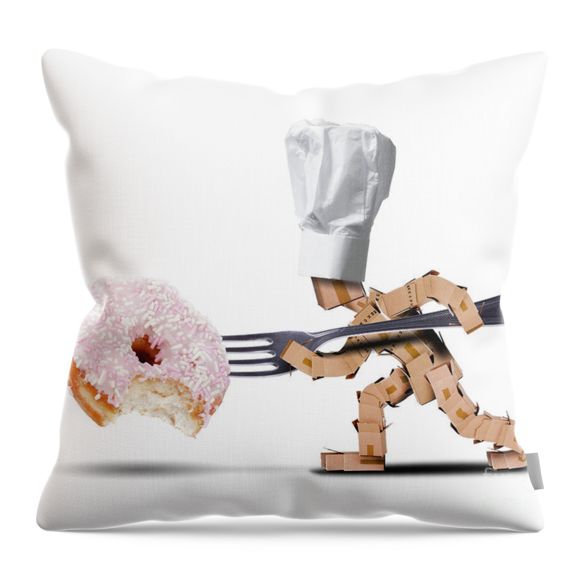 Kitchen Throw Pillow featuring the digital art Chef box character attacking a large donut by Simon Bratt