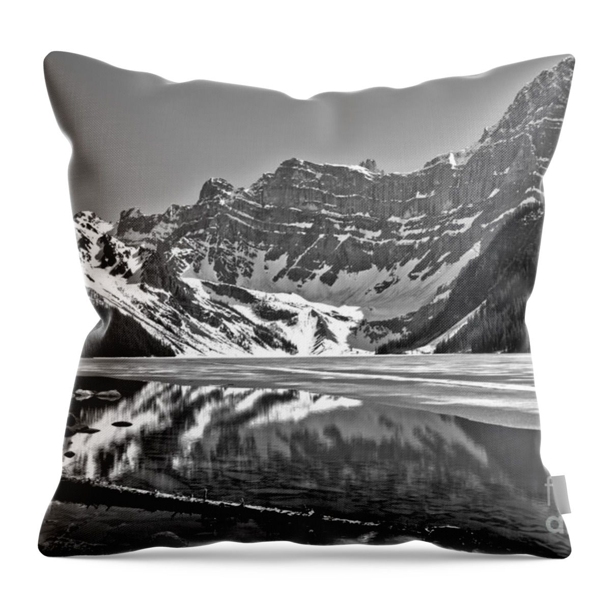 Chephren Lake Throw Pillow featuring the photograph Chehren Lake Reflections Black And White by Adam Jewell