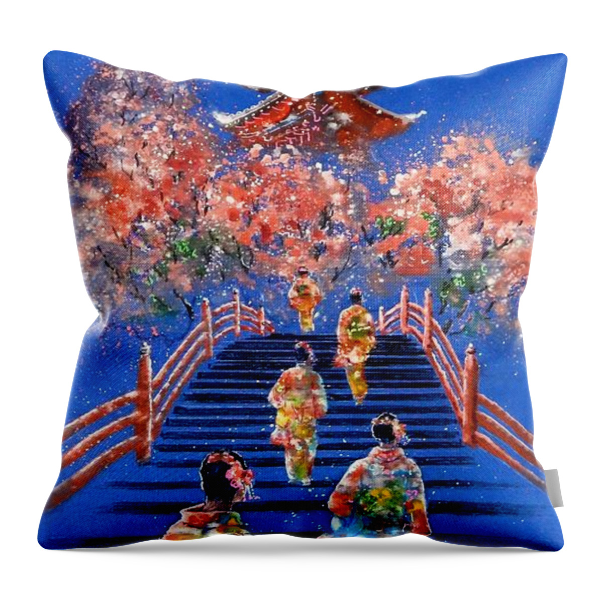 Cherry Blossoms Image Throw Pillow featuring the painting Cherry Blossom Festival Kyoto Japan by John YATO