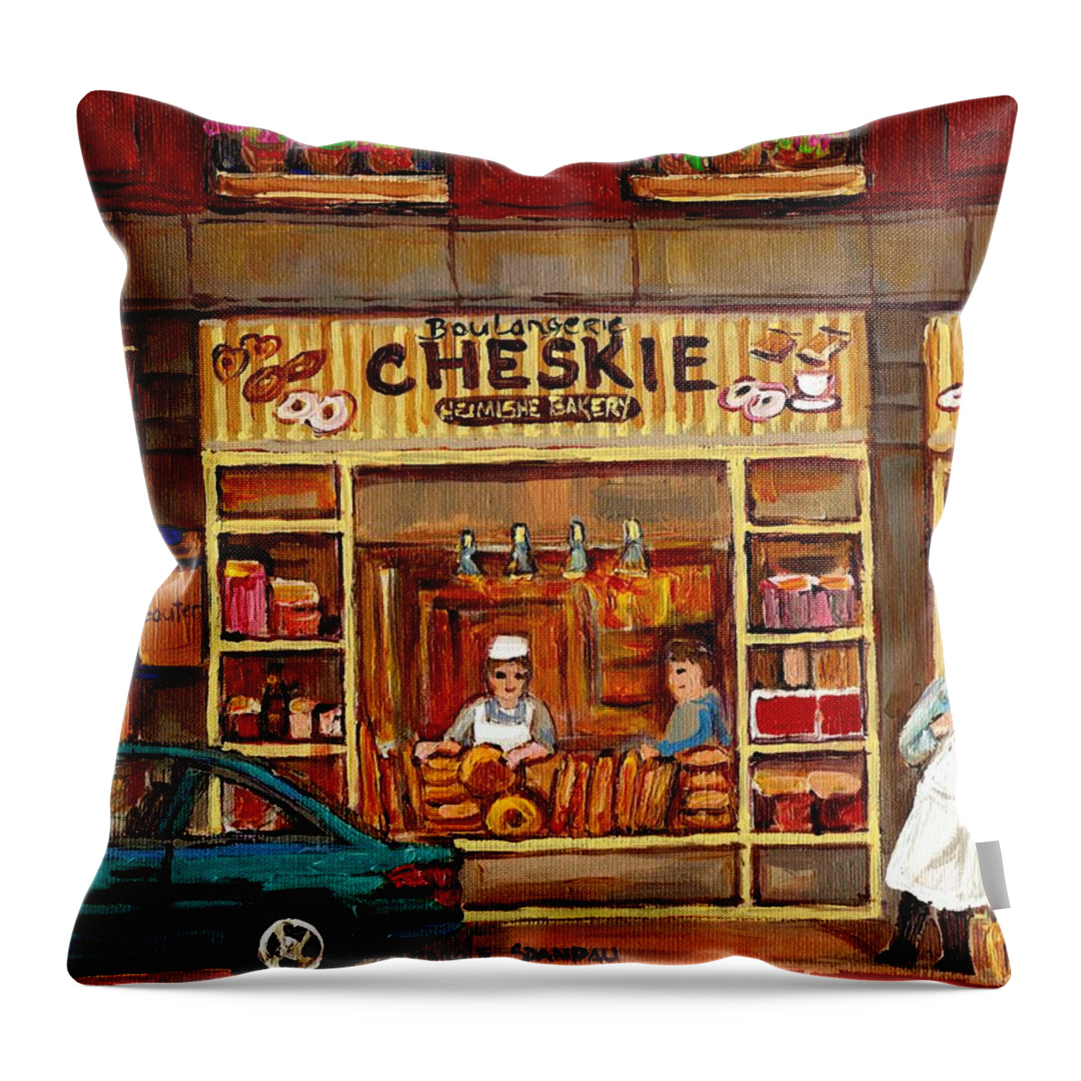 Montreal Throw Pillow featuring the painting Cheskies Hamishe Bakery by Carole Spandau