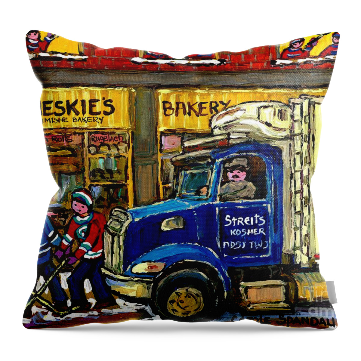 Montreal Throw Pillow featuring the painting Cheskie's Kosher Bakery On Bernard Hockey Game Near Streit's Truck Montreal Winter Snow Scene  by Carole Spandau