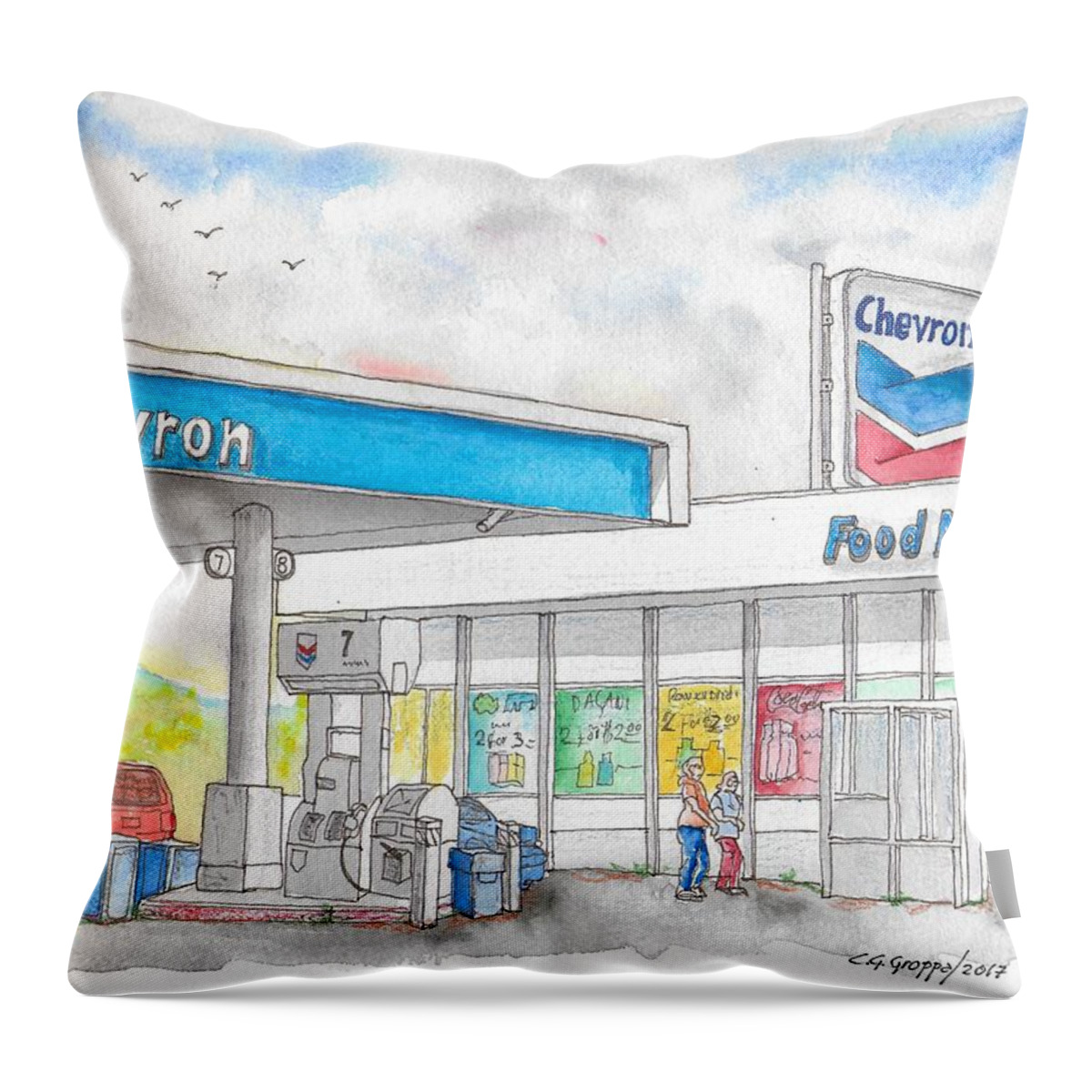Chevrom Throw Pillow featuring the painting Chevron Food Mart in Ludlow, California by Carlos G Groppa