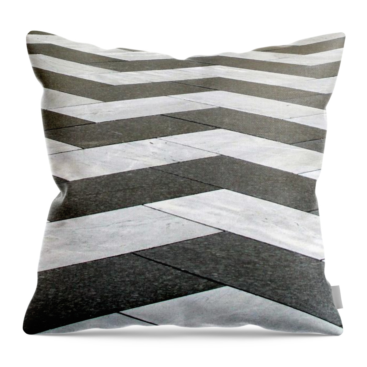 Chevron Stripes Tile Pattern Abstract black And White Square Rectangle Floor Wall Grid Throw Pillow featuring the mixed media Chevron by Linda Woods