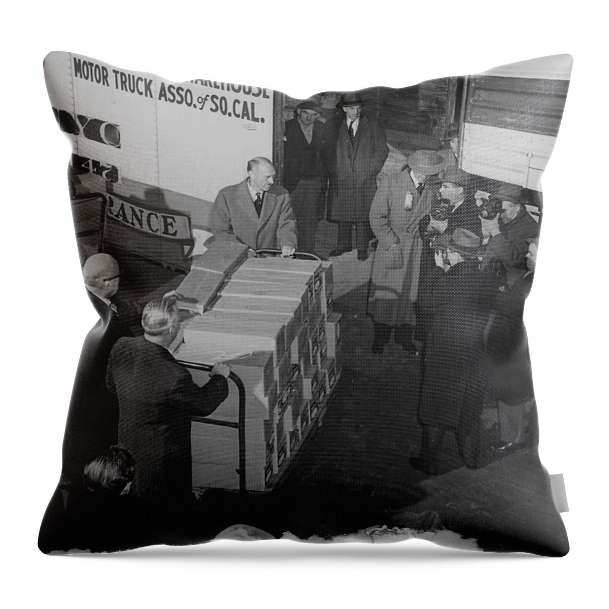 Friendship Train Throw Pillow featuring the photograph Chicago and North Western Execs Load Donation on to Friendship Train - 1947 by Chicago and North Western Historical Society