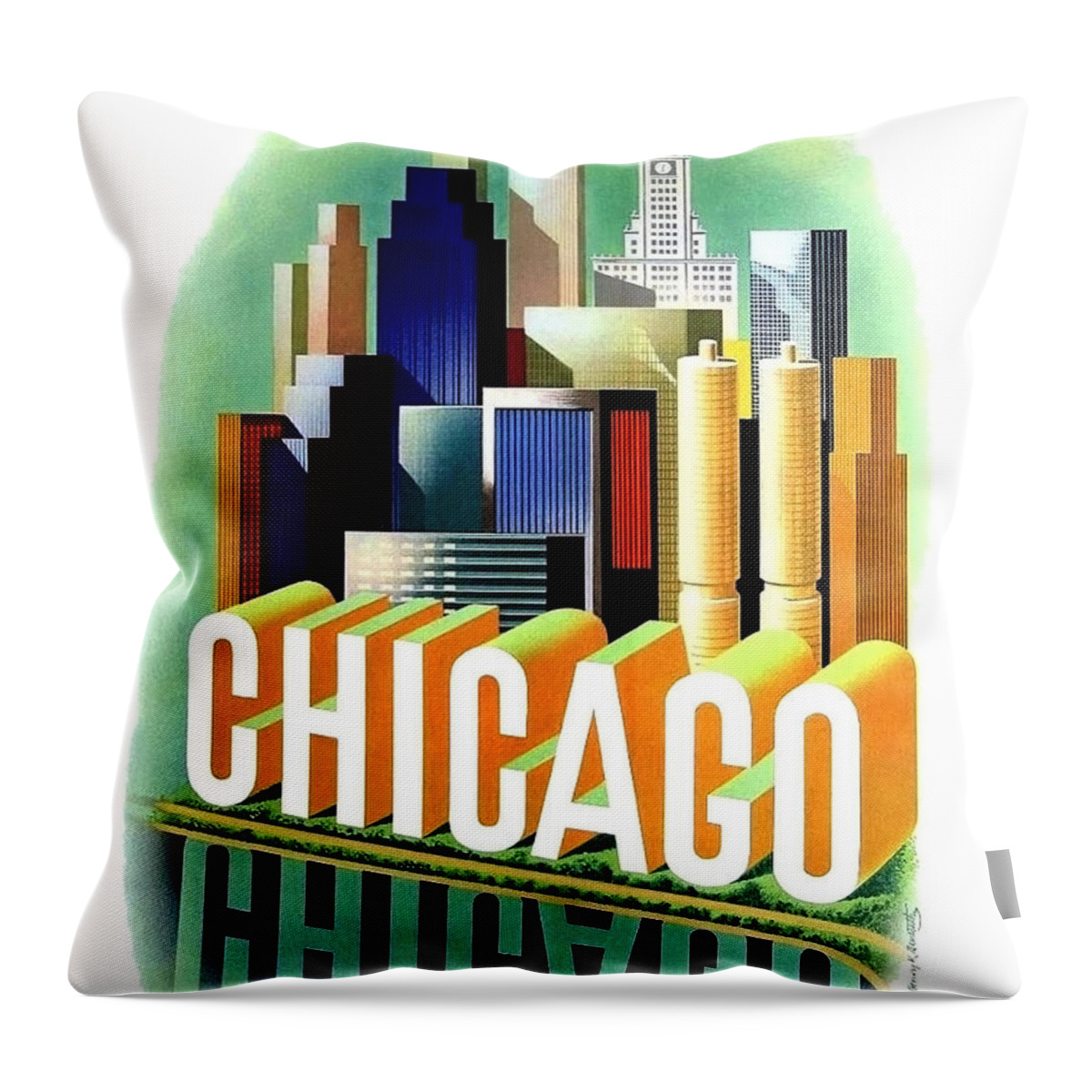 Chicago Throw Pillow featuring the painting Chicago, big city, skyscrapers, travel poster by Long Shot