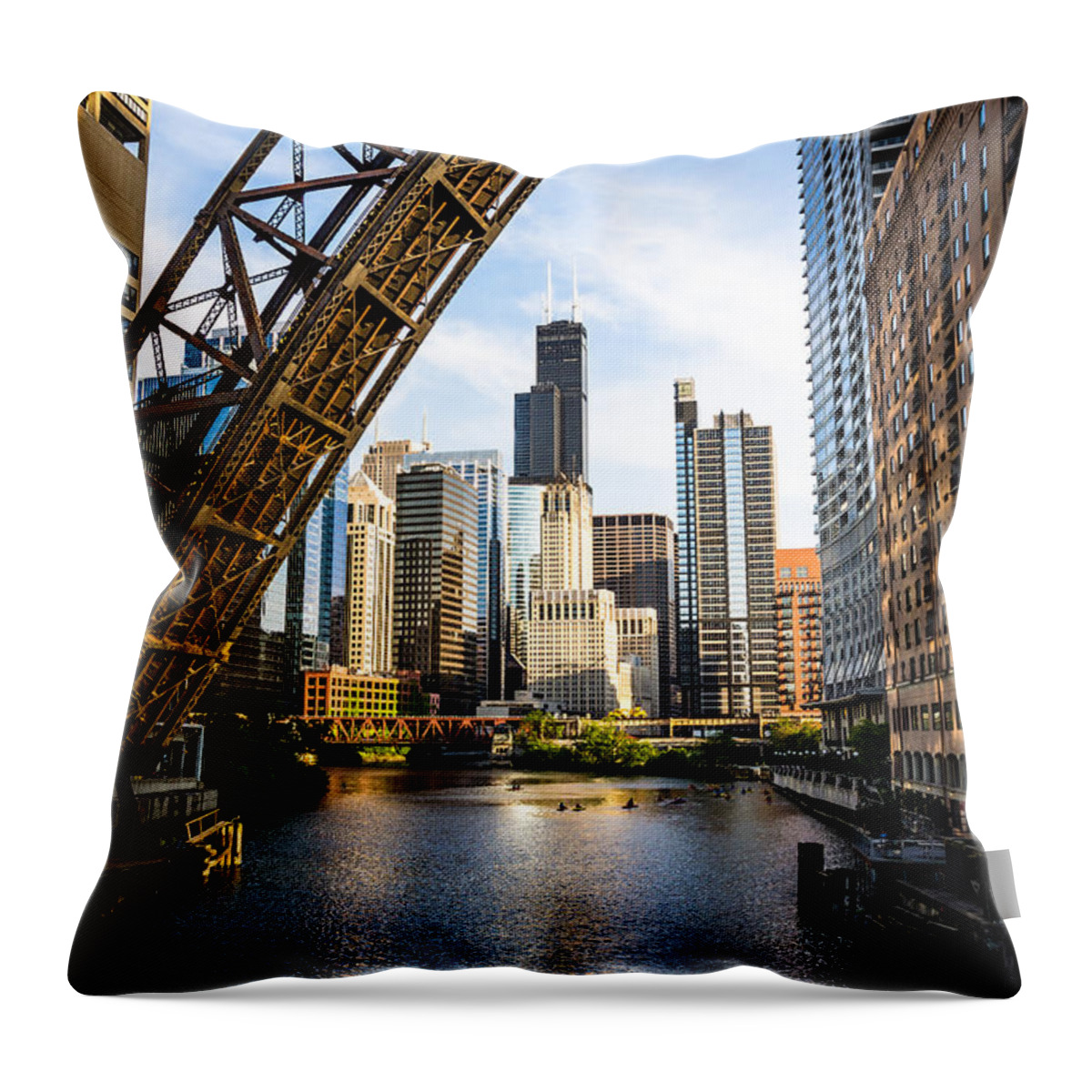 America Throw Pillow featuring the photograph Chicago Downtown and Kinzie Street Railroad Bridge by Paul Velgos