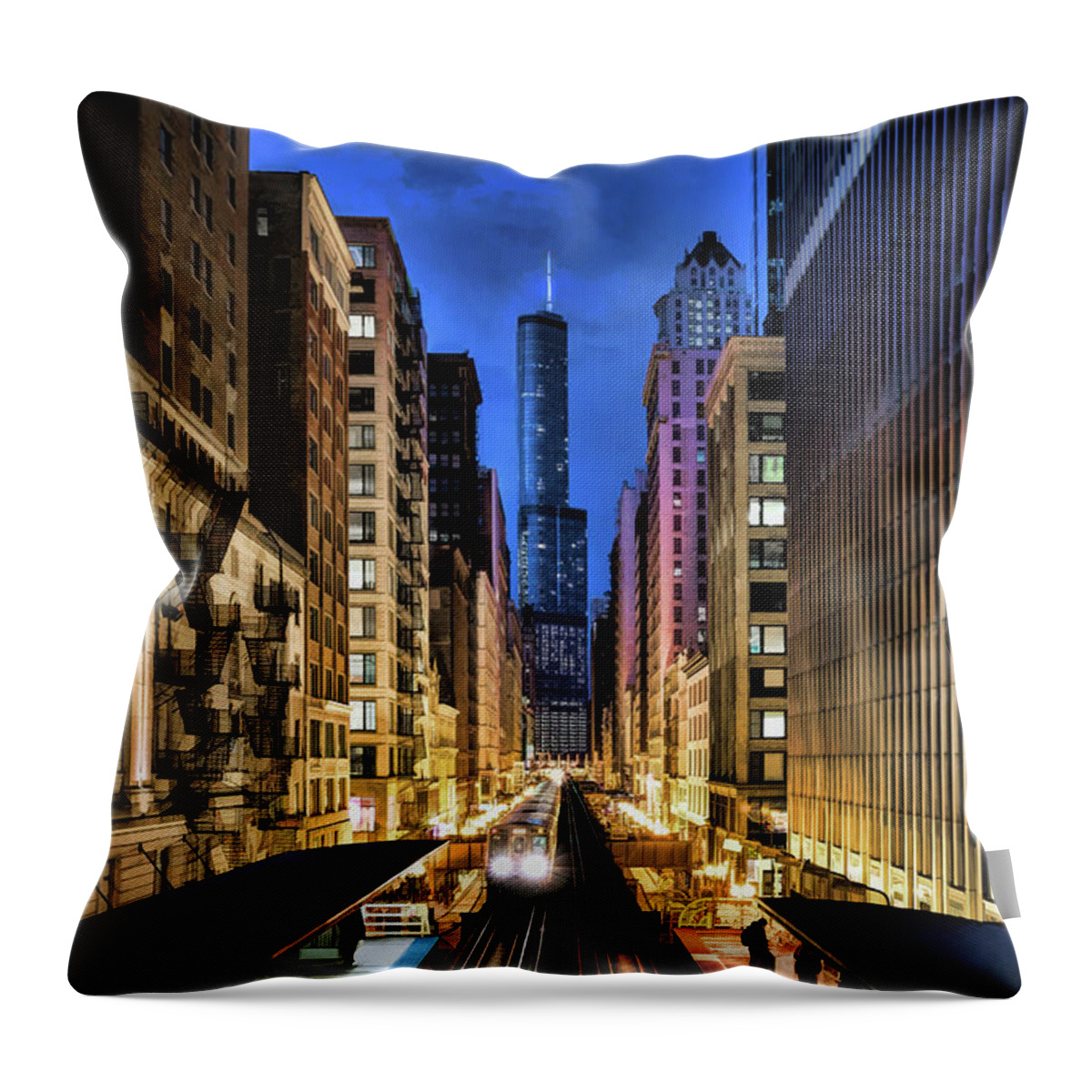 Chicago Throw Pillow featuring the painting Chicago El Trump Tower Night by Christopher Arndt