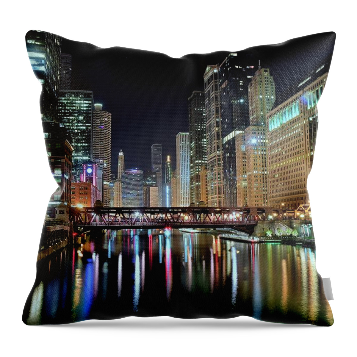 Chicago Throw Pillow featuring the photograph Chicago Lights Shimmer by Frozen in Time Fine Art Photography