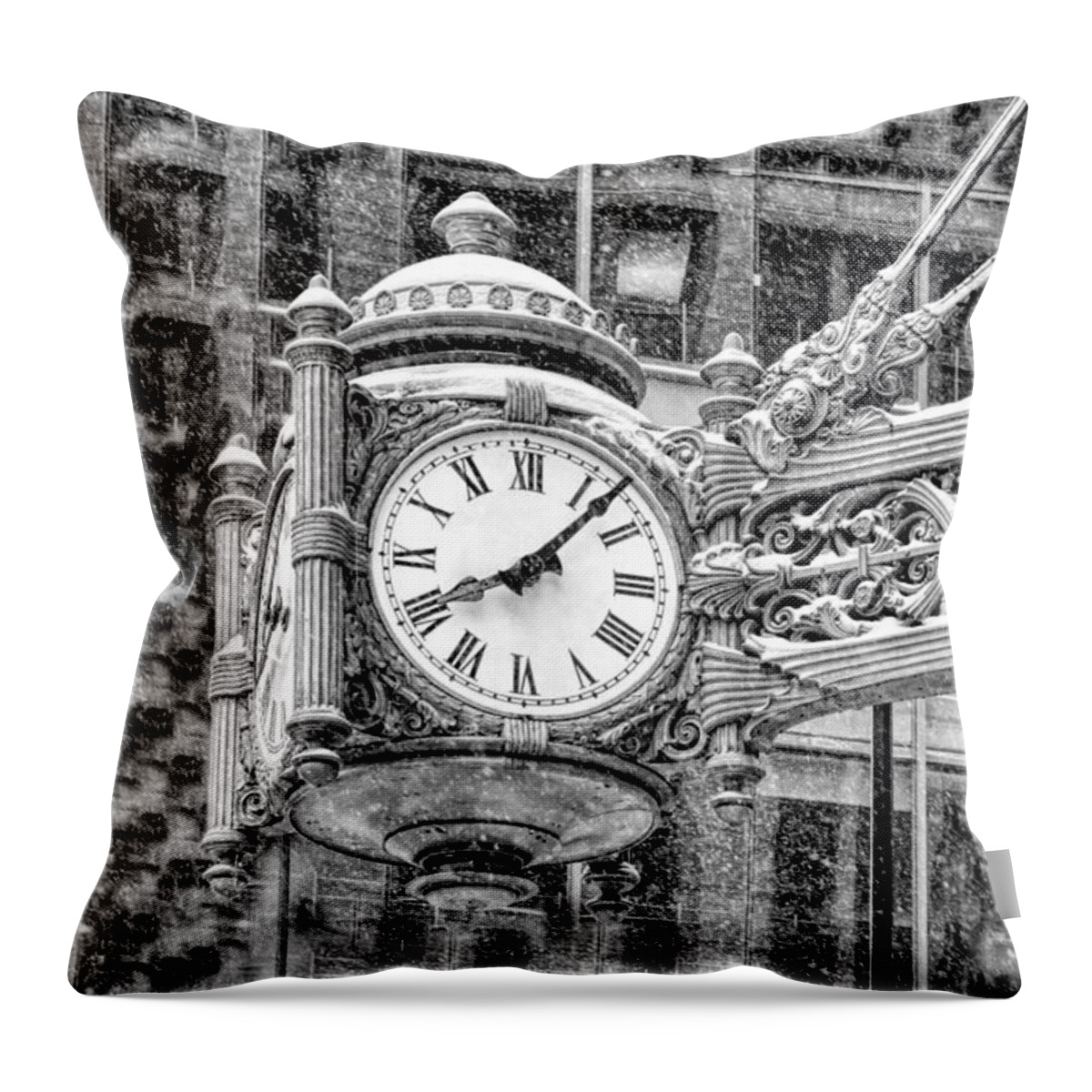 Chicago Throw Pillow featuring the photograph Chicago Marshall Field State Street Clock Black and White by Christopher Arndt