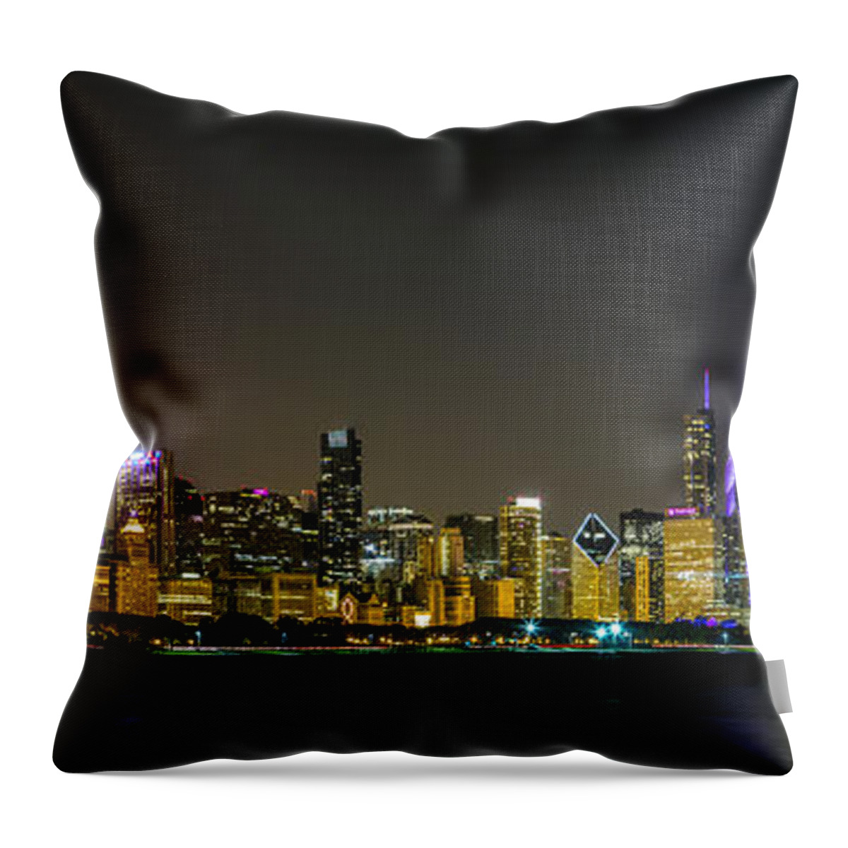 Chicago Throw Pillow featuring the photograph Chicago Night Panorama by Lev Kaytsner