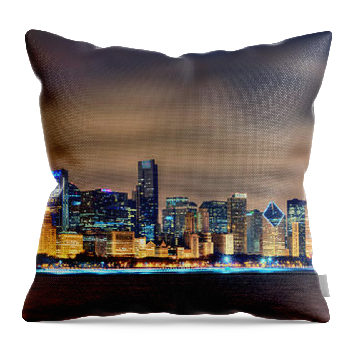 Chicago Throw Pillow featuring the photograph Chicago Skyline at NIGHT Panorama Color 1 to 3 Ratio by Jon Holiday