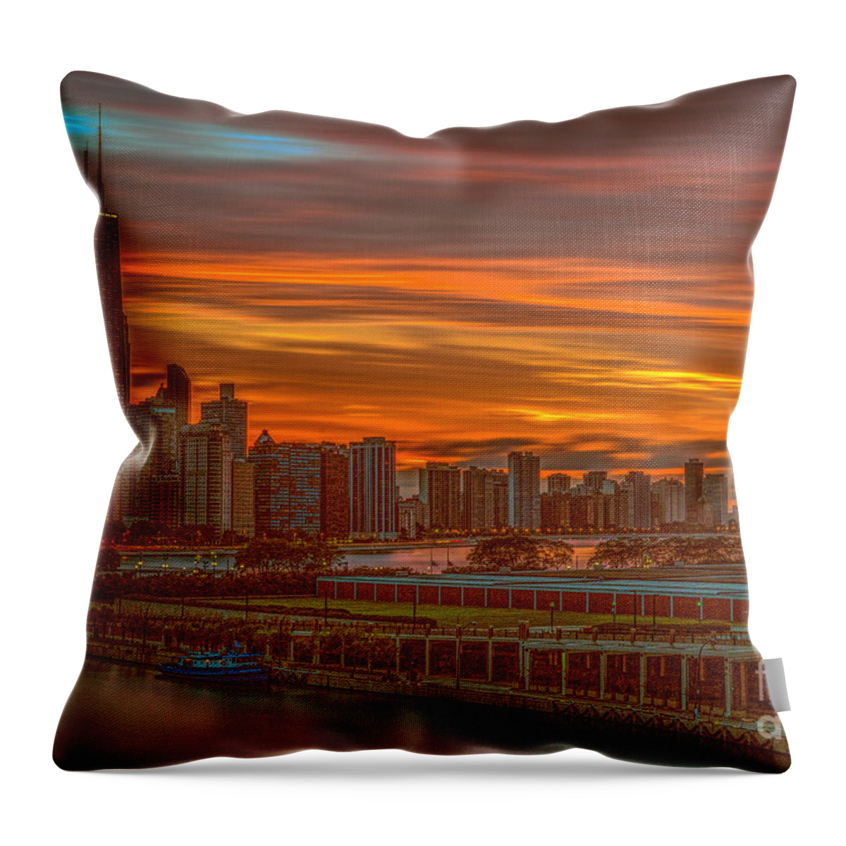 Chicago Throw Pillow featuring the photograph Chicago skyline at sunset by Izet Kapetanovic
