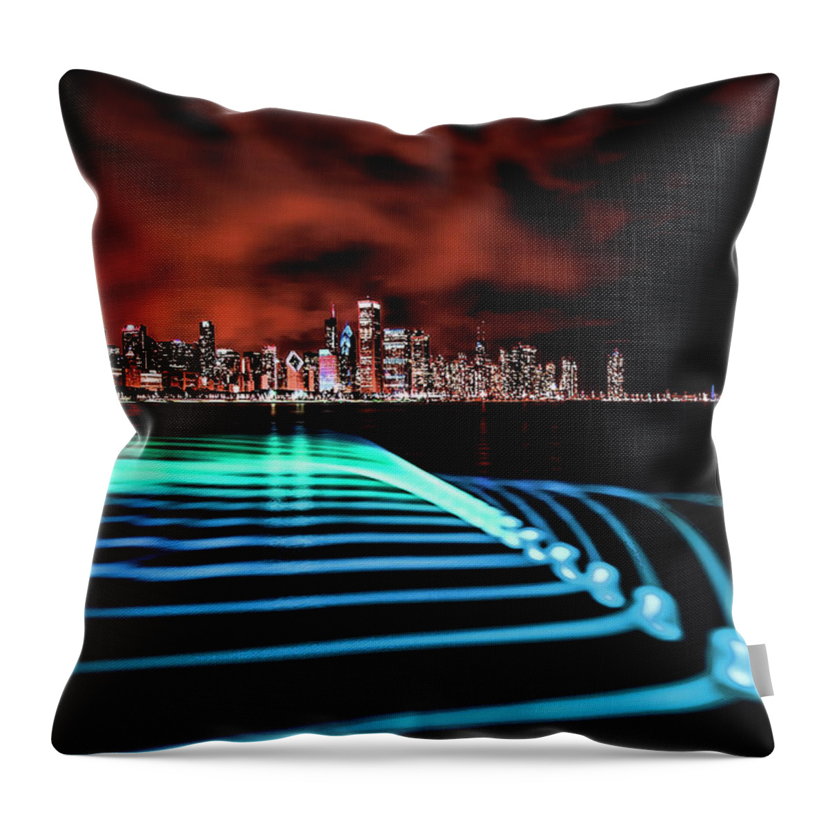 Willis Tower Throw Pillow featuring the photograph Chicago Skyline with blue pixel stick light painting by Sven Brogren