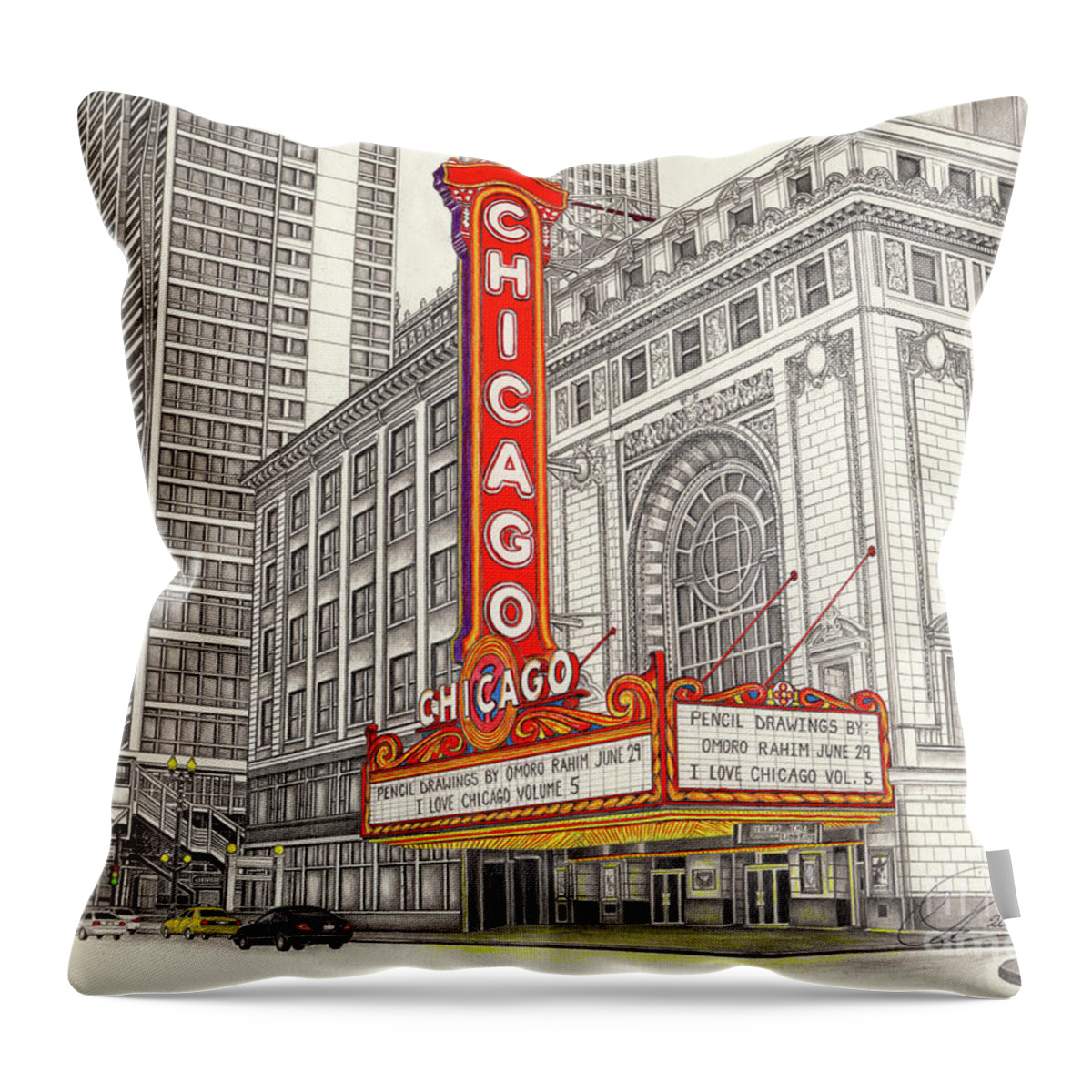 Chicagtheater Throw Pillow featuring the drawing Chicago Theater by Omoro Rahim